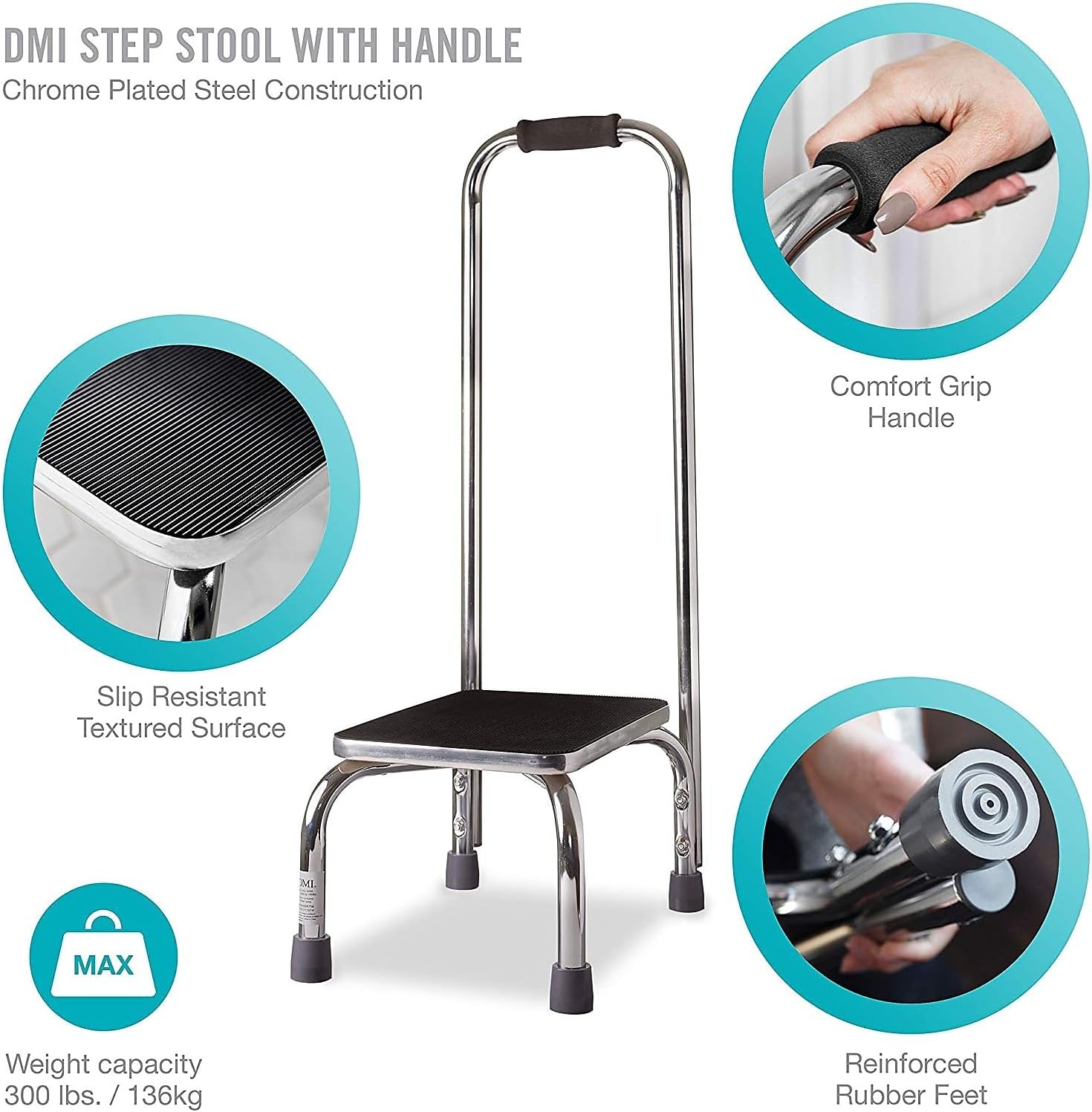 DMI Step Stool with Handle and Non Skid Rubber Platform, Lightweight and Sturdy Stool for Seniors, Adults and Children, Holds up to 300 Pounds with 9.5 Inch Step Up, 17.3"D x 12.3"W x 34"H, Chrome - Image 2
