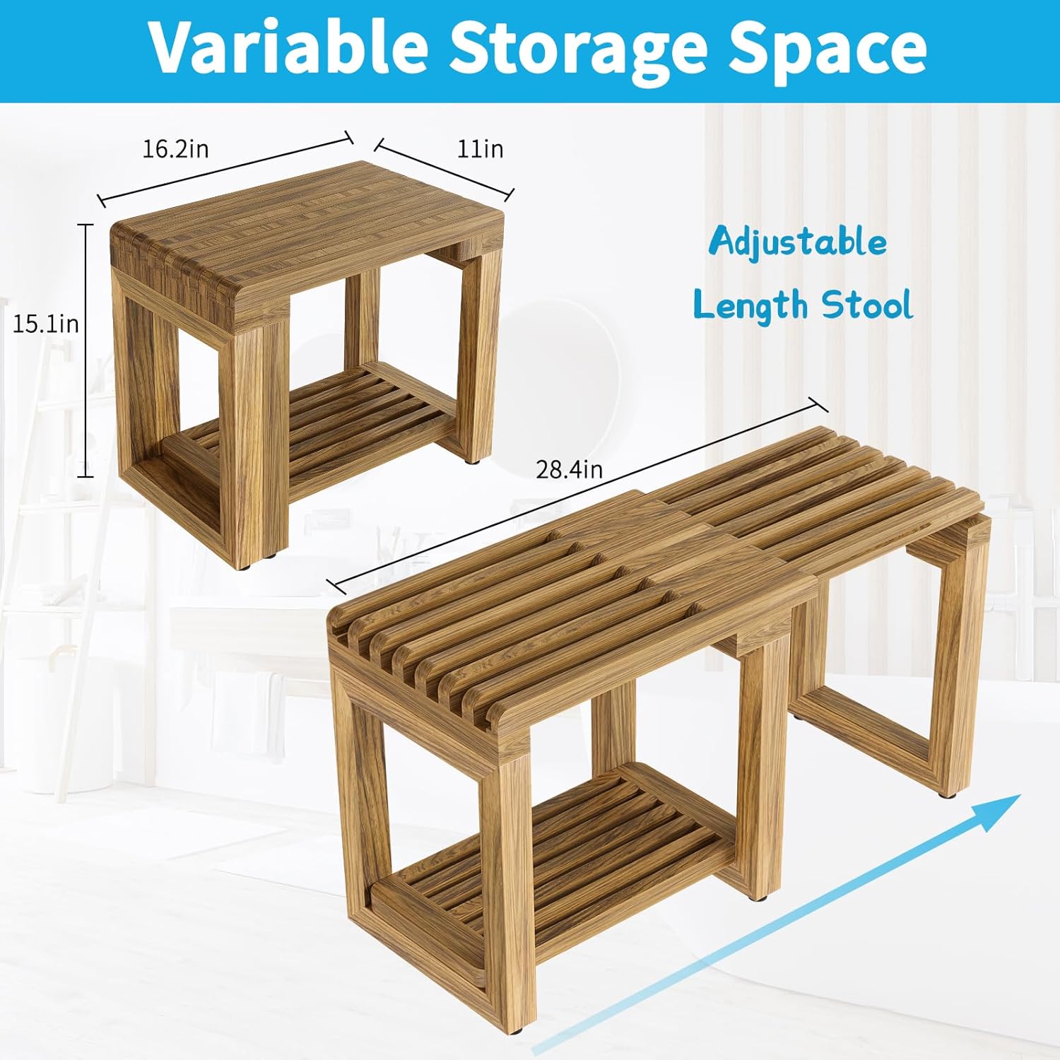 Shower Benches for Inside Shower, Adjustable Length 26.4” Shower Chair Stool with Storage Shelf for Shaving Legs, Spa, Acacia Wood Waterproof Bath Seat for Adults Seniors Elderly - Image 2