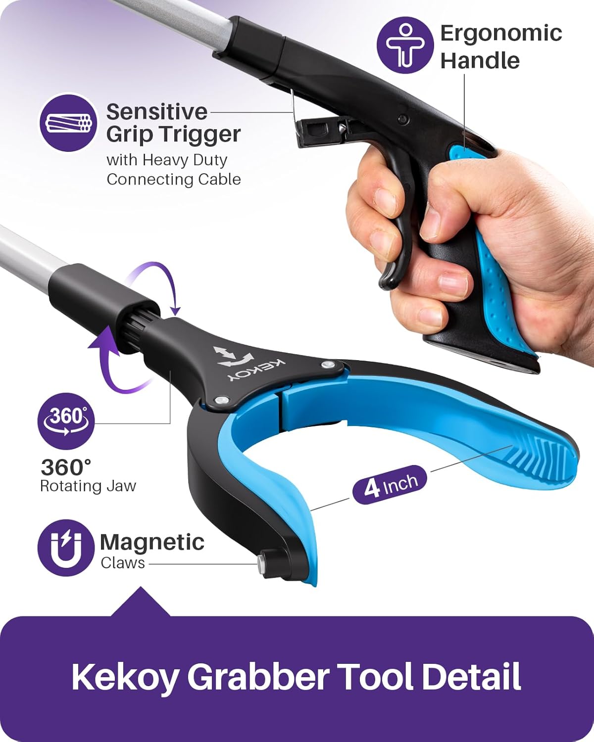 36inch Grabber Reacher Tool for Seniors, Foldable Reacher Grabbers Pickup Stick with Anti-Slip 360° Rotating Jaw, 4" Wide Extended Claw with Magnet for Disabled, After Surgery Recovery - Image 5