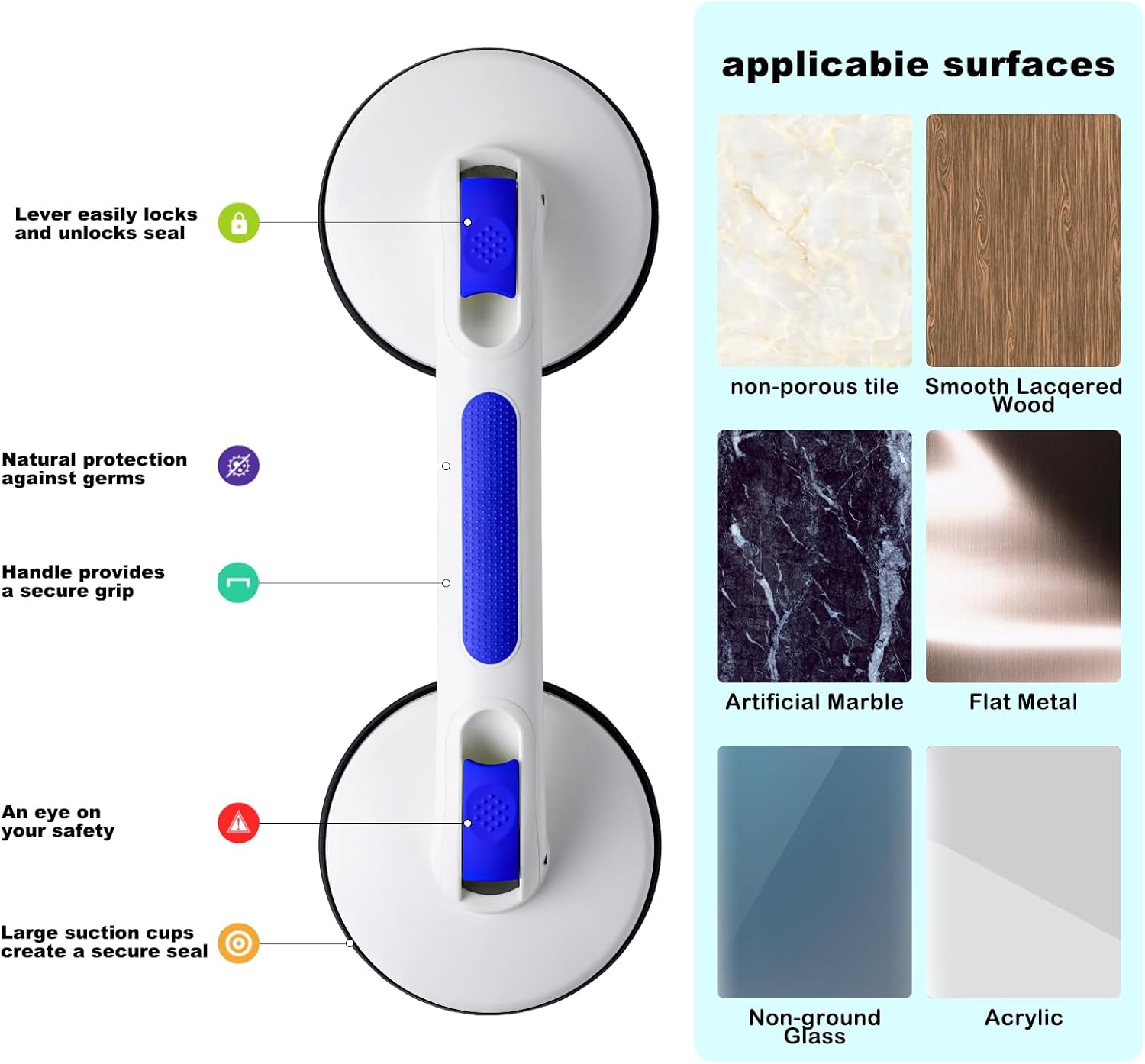 New Shower Handle Shower Grab Bars for Bathtubs and Showers,Strong Hold Suction Cup Grip Grab,Bath Handle Heavy Duty Grab Bars for Handicap Elderly Seniors(Royal Blue) - Image 4