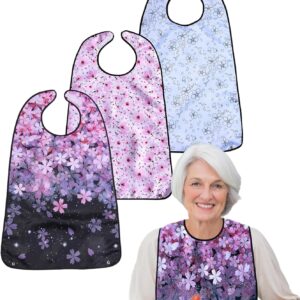 3 Pack Premium Adult Bibs For Women,Elderly Seniors and Disabled Large Bib, Washable Long Bib Clothing Protector With Crumb Catcher And Velcro Adjust