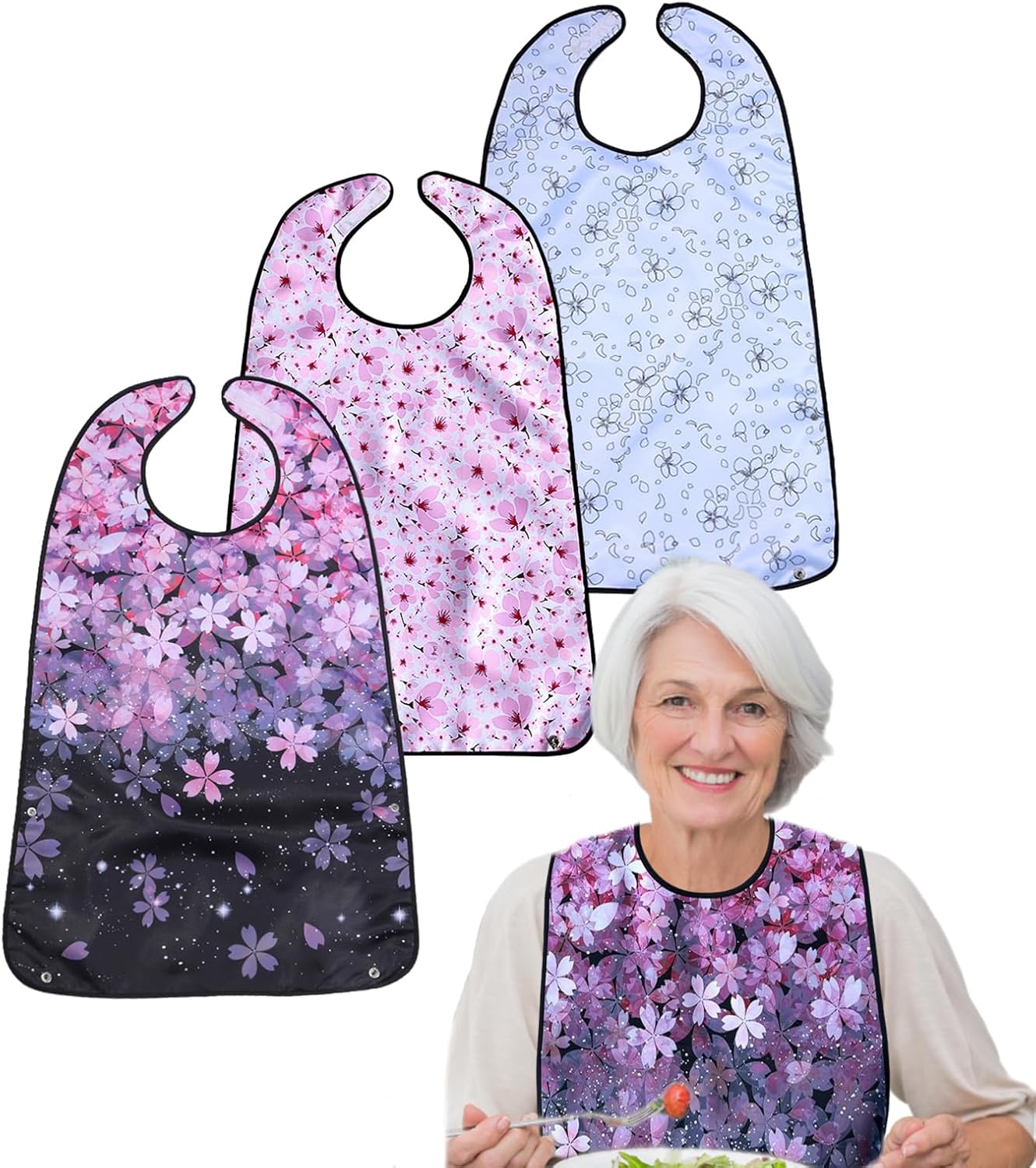 3 Pack Premium Adult Bibs For Women,Elderly Seniors and Disabled Large Bib, Washable Long Bib Clothing Protector With Crumb Catcher And Velcro Adjust
