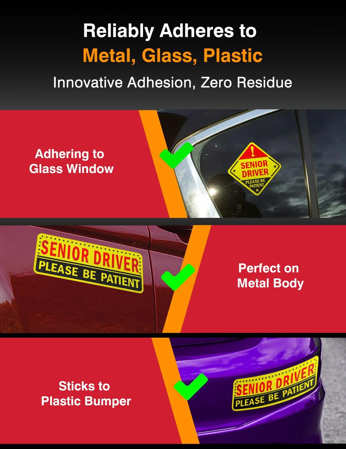 5 Reusable Senior Driver Stickers (Non-Magnetic) – Reflective Please Be Patient Decals for Elderly Drivers – Paint-Safe, Residue-Free for Cars, Windows, & Bumpers - Image 3