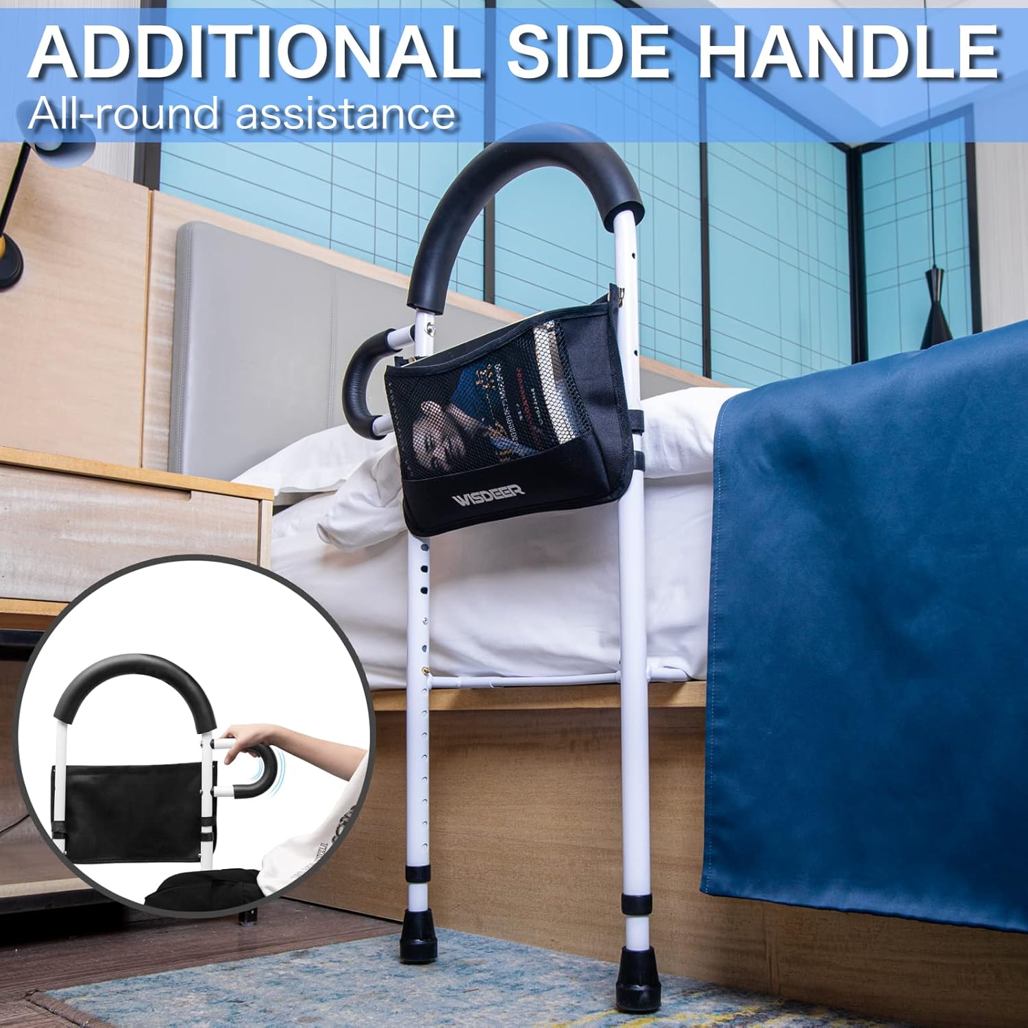 Bed Rails for Elderly Adults Safety with Storage Pocket, Dual Handle Grab Bars Height Adjustable Bed Rail Bed Assist bar Bed Rails for Seniors - Easy to Get in or Out of Bed Safely with Floor Support - Image 2