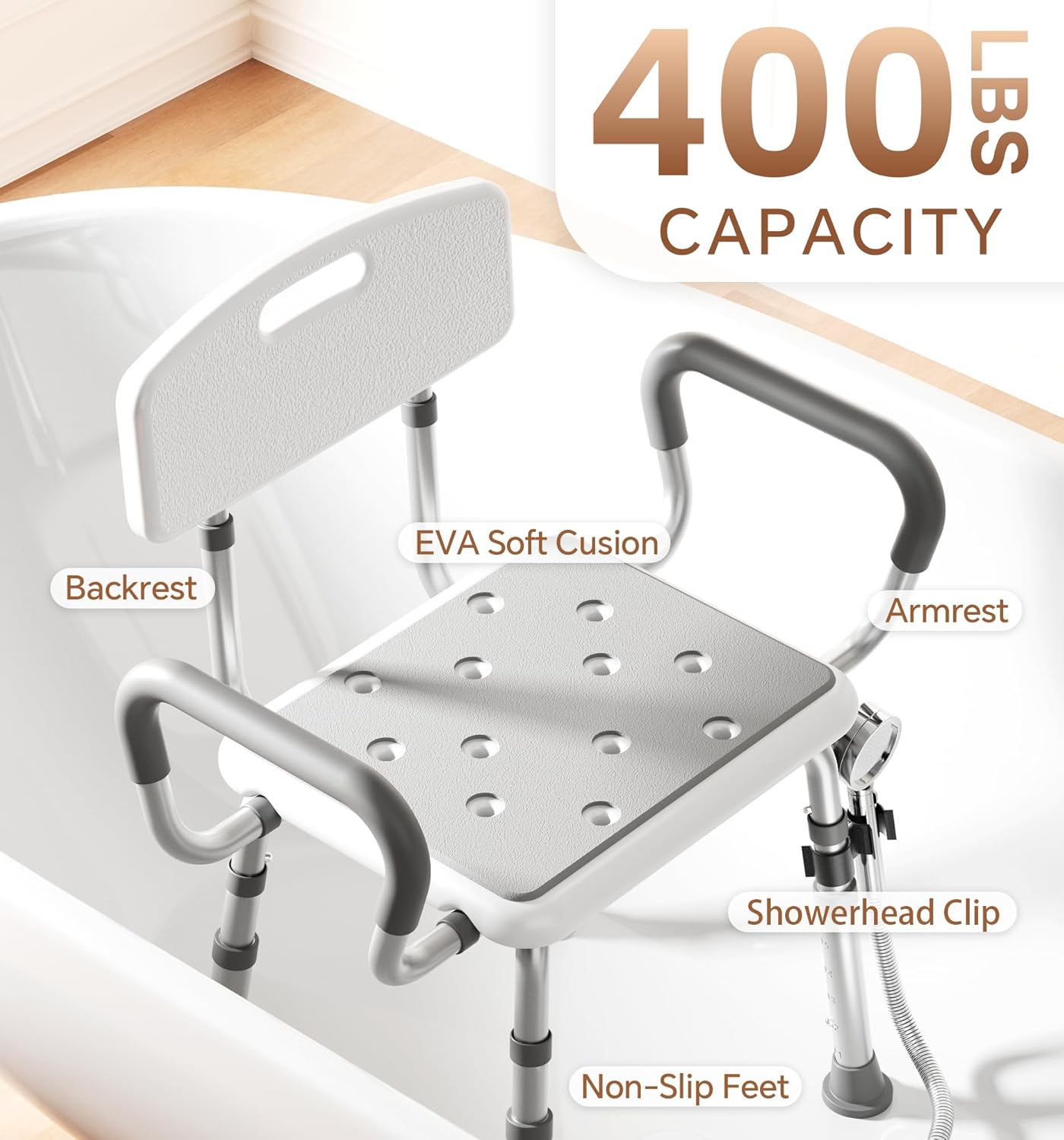 Shower Chair for Inside Shower with Arms and Back, FSA/HSA, Height Adjustable Shower Chair for Elderly and Disabled with Enhanced Non-Slip Feet, 400 lbs Heavy Duty Shower Seat for Seniors - Image 2