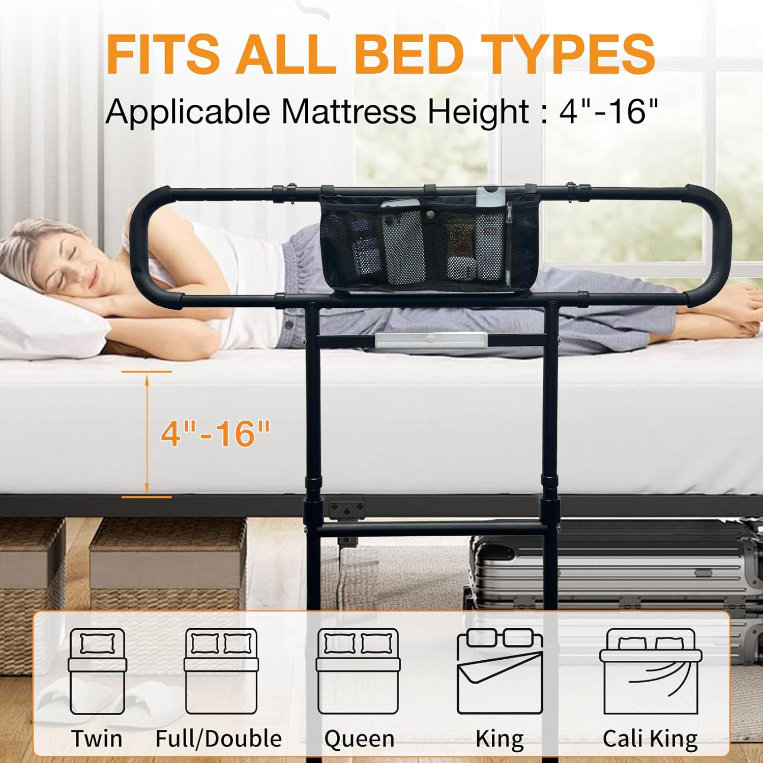 Bed Rails for Elderly Adults Safety, Foldable & Adjustable Side Rails for Bed for Seniors, Elderly Bed Rails with Light & Storage Pouch, Adult Bed Assist Rail for Queen Twin King Bed - Image 7