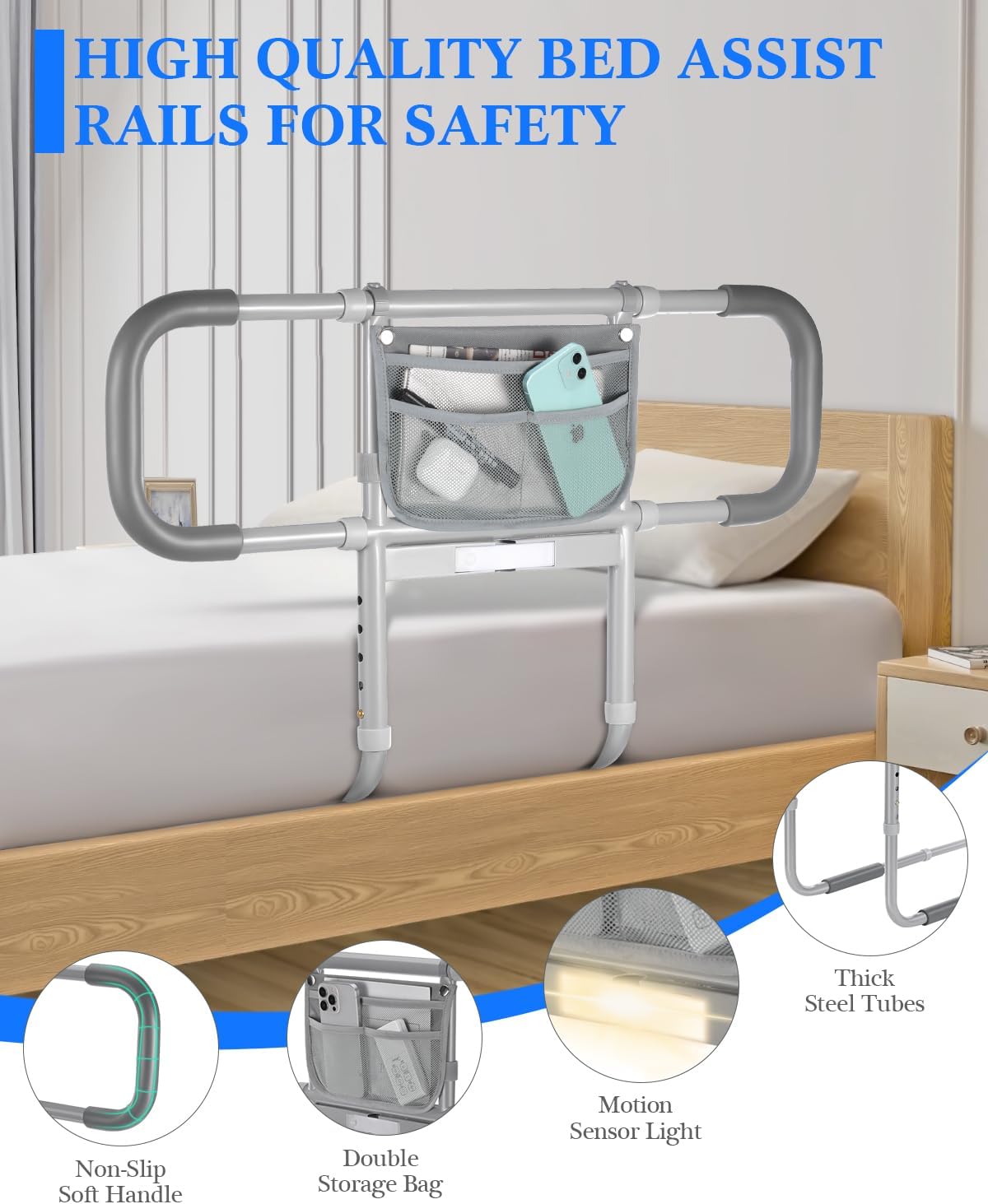 Bed Rails for Elderly Adults Safety, Extended Bed Assist Rail for Seniors with Motion Sensor Light - Adjustable Side Bed Guard Rails Handle Support Bar with Storage Bag, Fit King Queen Full Twin Bed - Image 3