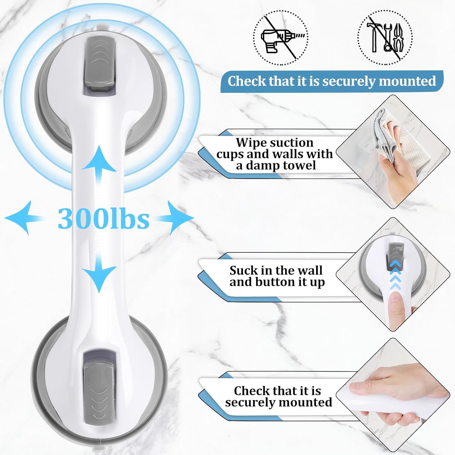 Shower Handle 1 Pack Grab Bars for Bathtubs & Showers, 12 inch Grab Bars for Bathroom with Strong Hold Suction Cup, Balance Bar Safety Hand Rail for Injury, Senior, Elderly Grey - Image 4