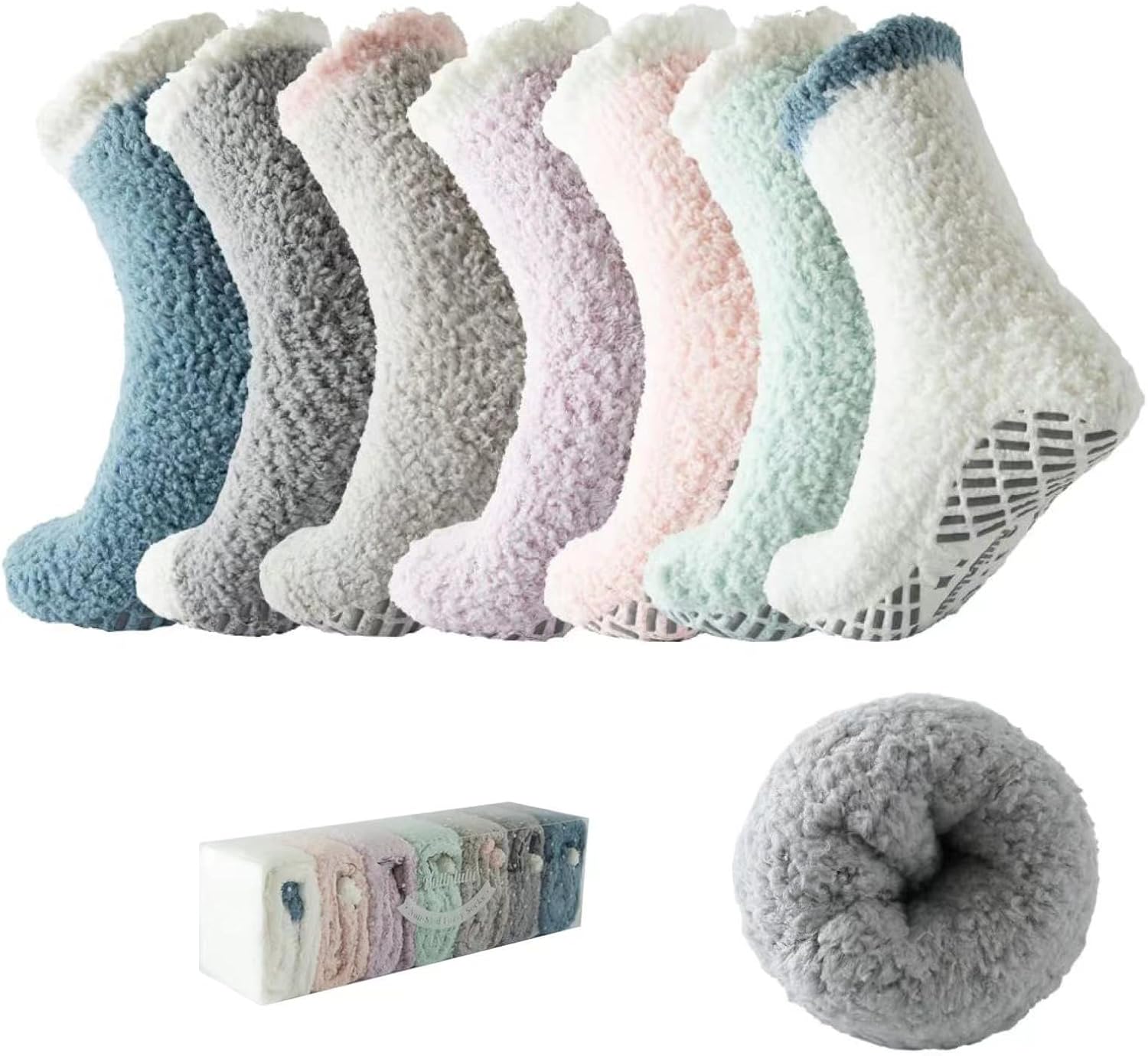 Bulinlulu Fuzzy Socks with Grips Plush Sleep Cozy Winter Soft Hospital Fluffy Socks Gifts for Women