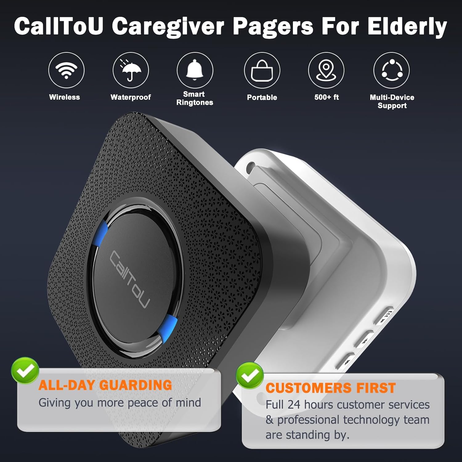 CallToU Wireless Caregiver Call Button Elderly Monitoring Alert Systems for Seniors 1 Plugin Receiver 2 Waterproof Transmitters - Image 3