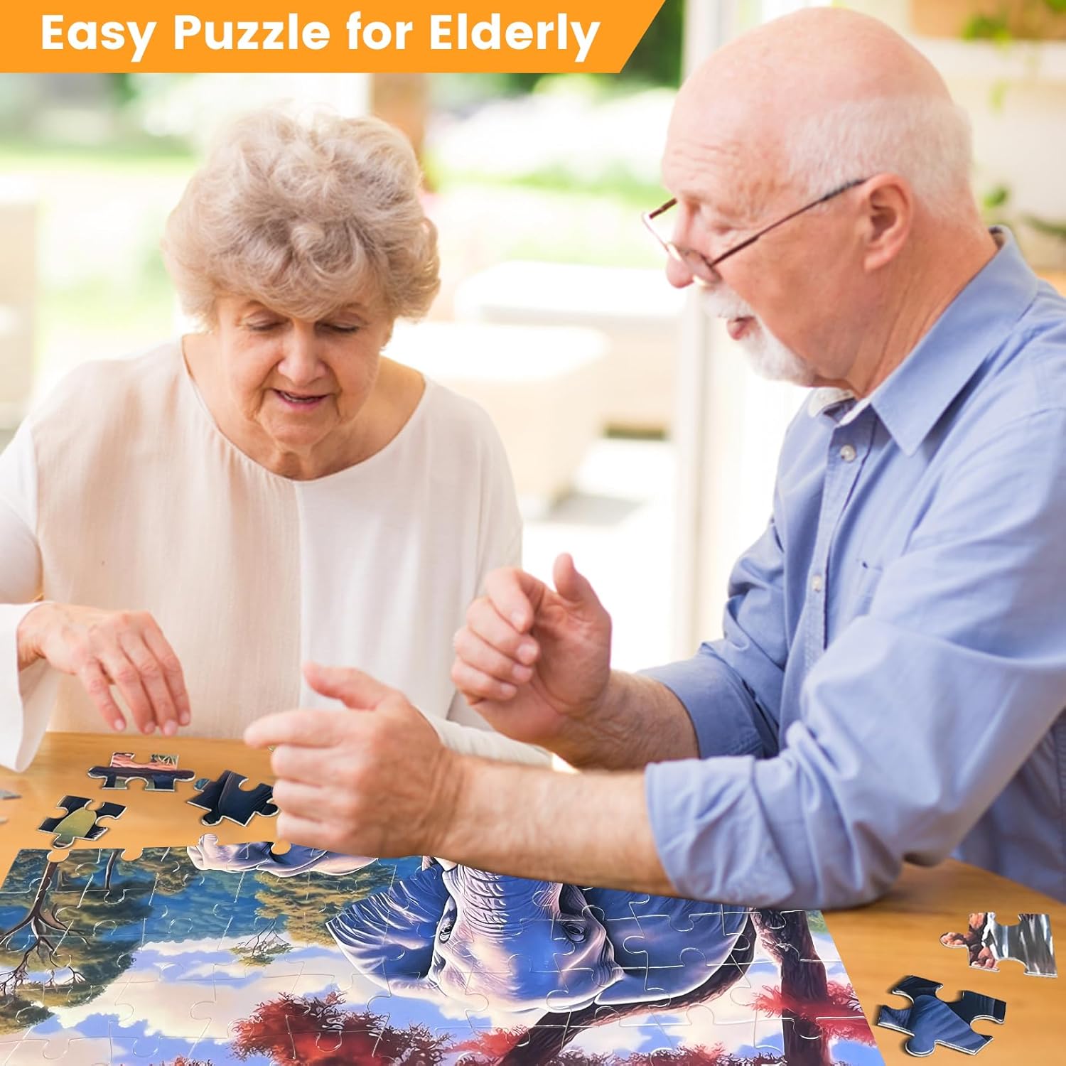 100 Piece Big Piece Jigsaw Puzzle for Seniors Elephant Forest Dementia Large Piece Puzzles for Seniors- Alzheimer's Activity for Adults Puzzle- Best Memory Game for Patiens in Nursing Home 15" x 19" - Image 5