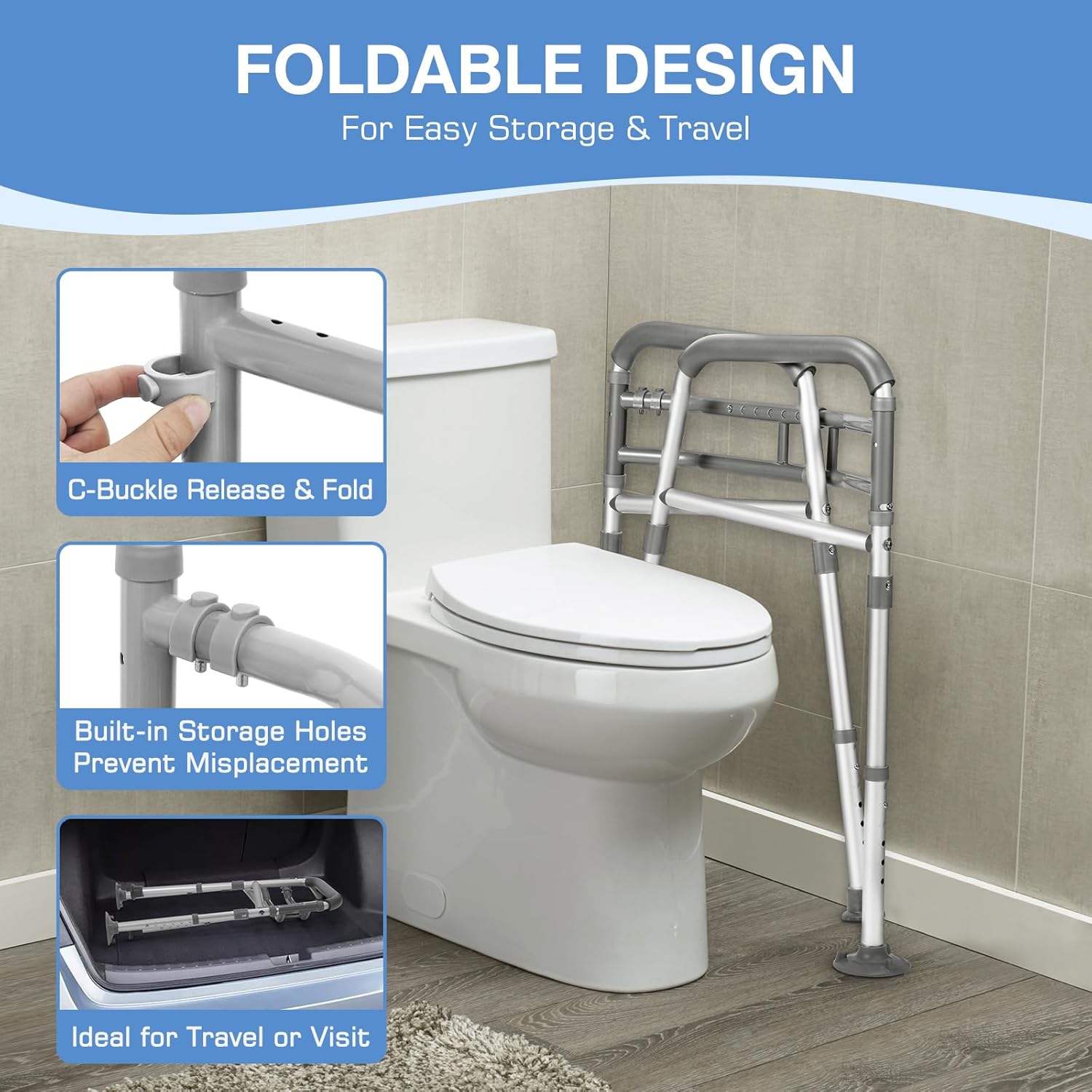 FSA/HSA Eligible Toilet Safety Rails for Seniors, Adjustable Height & Width Toilet Safety Frames with Handles,Toilet Rails W. Reinforced Bars&Suction Cups for Disabled Elderly Fit Most Toilets - Image 5