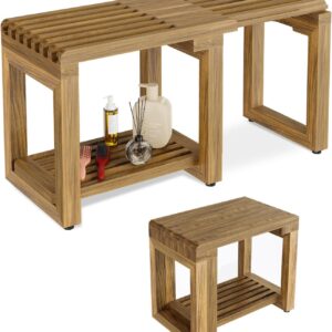 Shower Benches for Inside Shower, Adjustable Length 26.4” Shower Chair Stool with Storage Shelf for Shaving Legs, Spa, Acacia Wood Waterproof Bath Seat for Adults Seniors Elderly