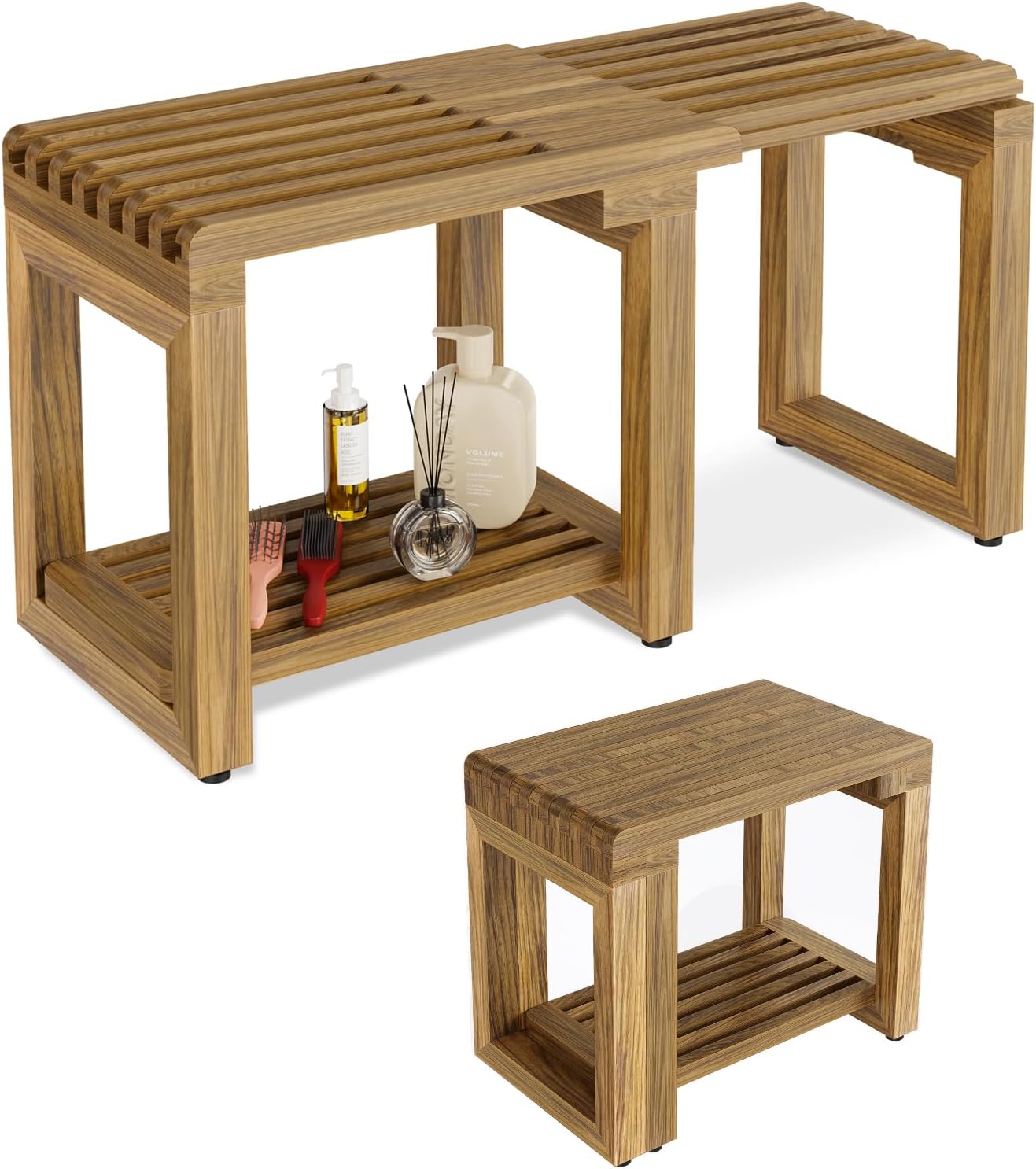 Shower Benches for Inside Shower, Adjustable Length 26.4” Shower Chair Stool with Storage Shelf for Shaving Legs, Spa, Acacia Wood Waterproof Bath Seat for Adults Seniors Elderly