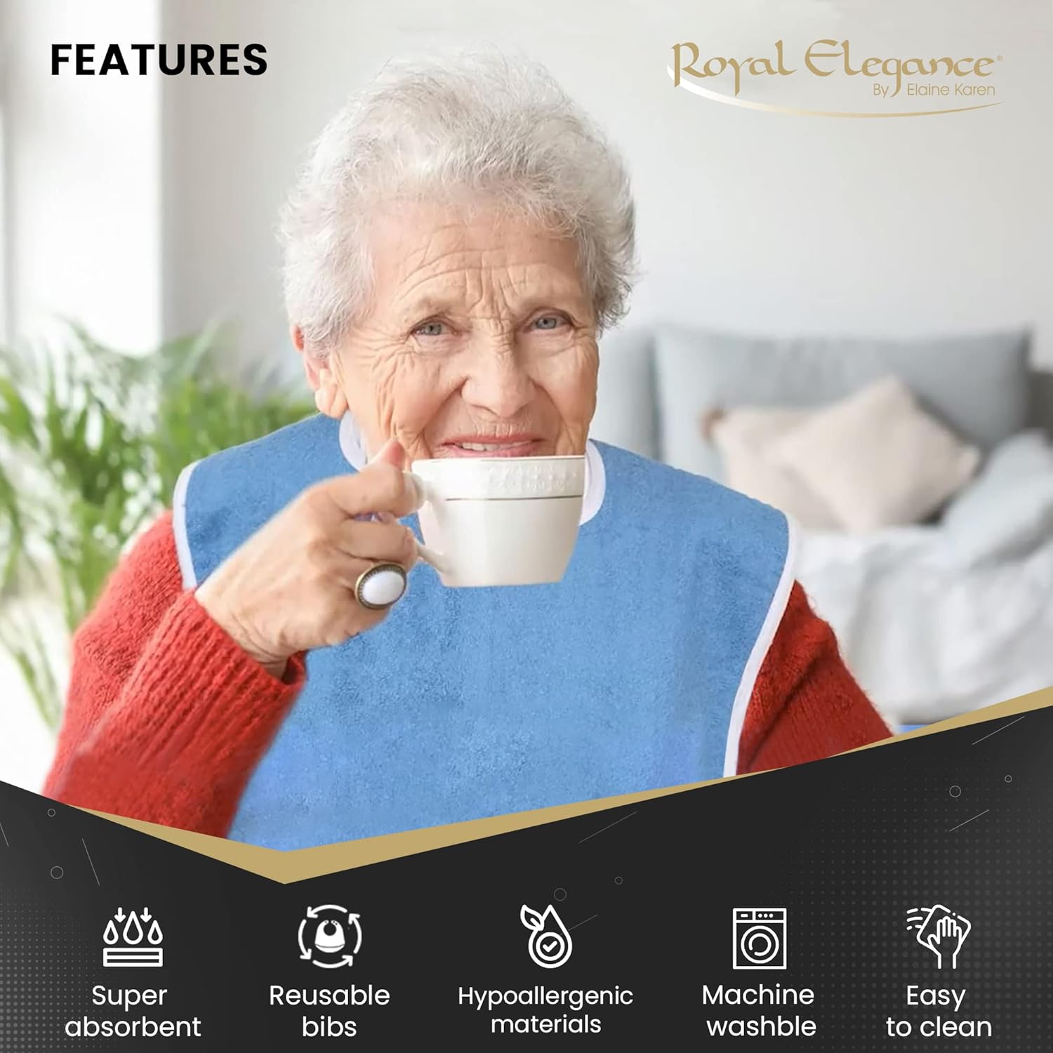 Elaine Karen 3 Pack Premium Adult Bibs - bibs for adults Men, Women; Eating Cloth for Elderly Seniors and Disabled, Adjustable, Terry bib Clothing Protectors, Machine Washable, Blue - Image 2