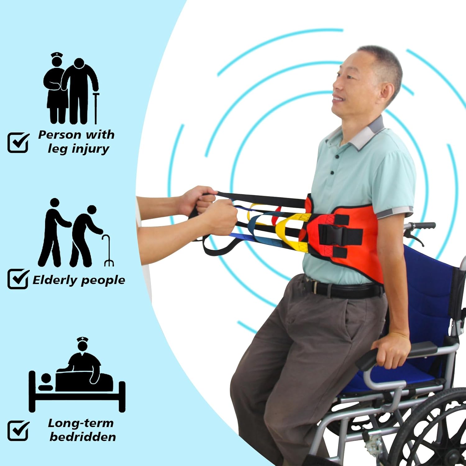 Transfer Belt Transfer Sling, Safety Lifting Aids Home Bed Assist, Transfer Nursing Sling Gait Belt with Widened Back Curve Design for Senior Elderly Patient Care (Blue) - Image 2