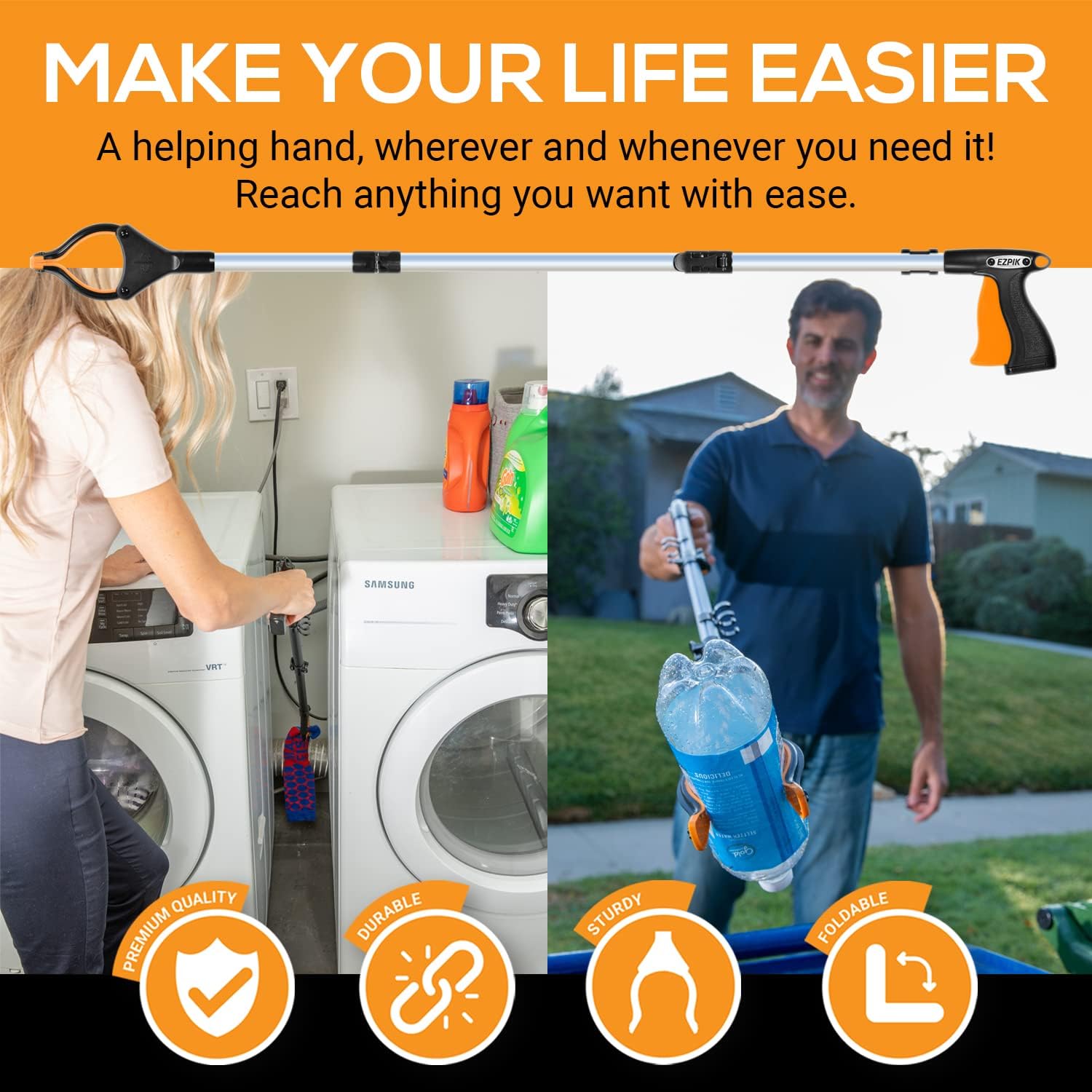 EZPIK Pro 36" Flexible Folding Grabber Tool for Elderly + Magnets, Reacher for Disabled & Seniors Heavy Duty Rotating Grippers for Reaching Underneath, Trash Grabbers & Pickers for Mobility 2-Pack - Image 2