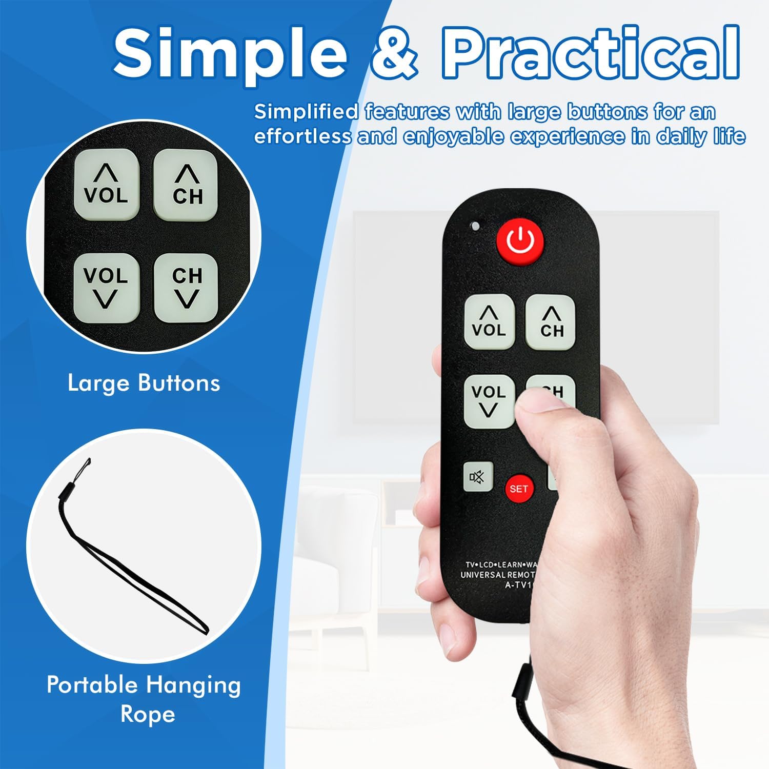 Universal Big Button TV Remote for Seniors, Elderly - Simple Remote - Easy to Use and Set Up with Learning Functions for TV & TV Box Controller, Dementia Friendly Gifts - Image 8