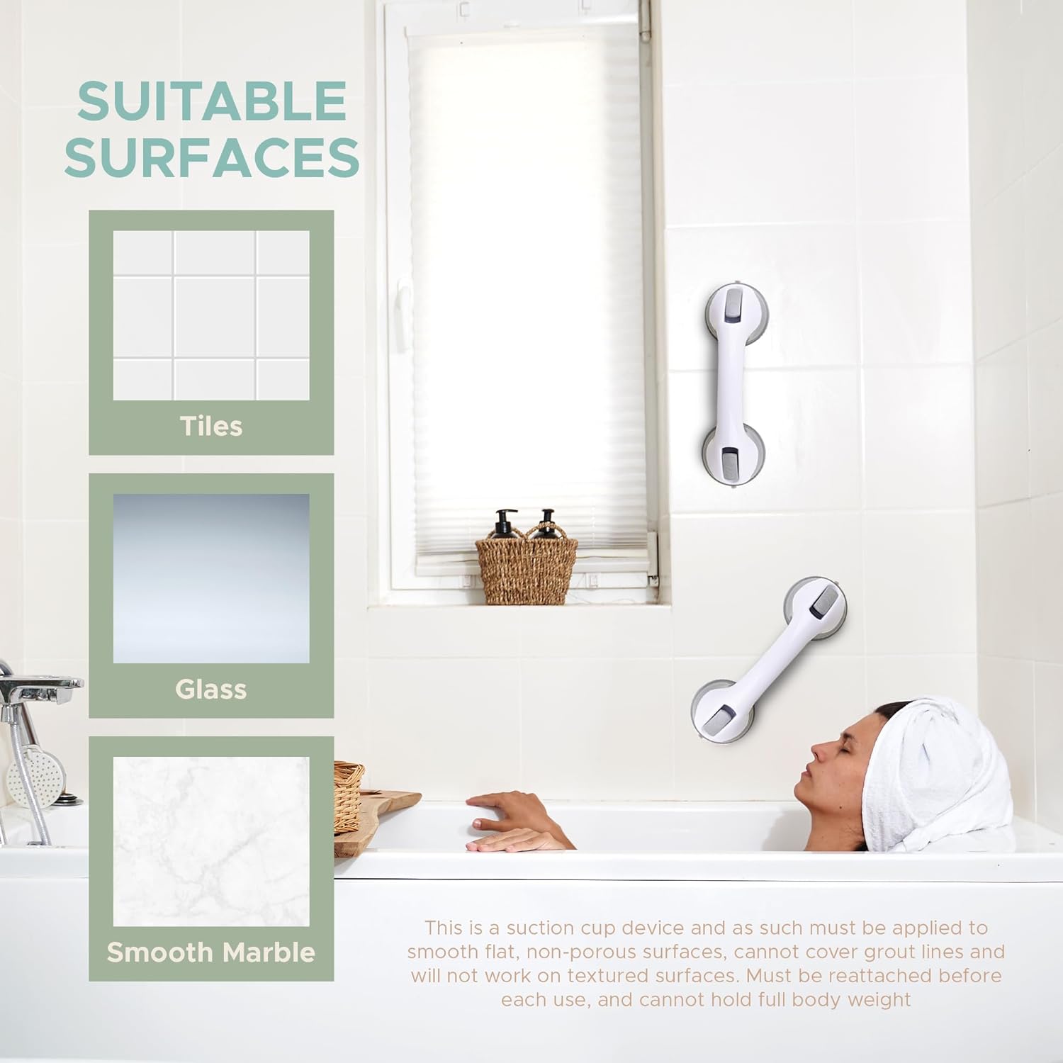 Grab Bars for Bathtubs and Showers, 12 Inch Shower Handle 2 Pack Shower Handles for Elderly Suction Cup, Handicap Seniors Safety Bathroom Bath Grip - ONLY for Tiles Glass & Hard Plastic - Image 6