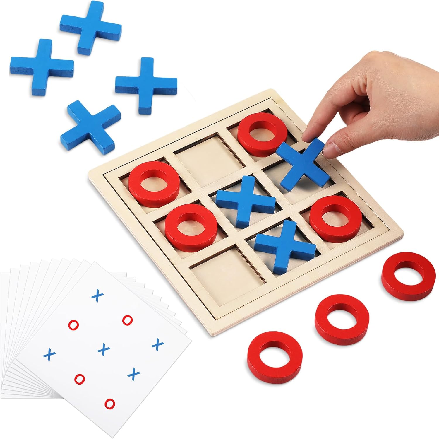 Jumbo Wooden Tic Tac Toe Game Dementia Activities for Alzheimers Seniors with Matching and Puzzle Templates XO Chess Board Game for Elderly Engaging Table Decor(Blue, Red)