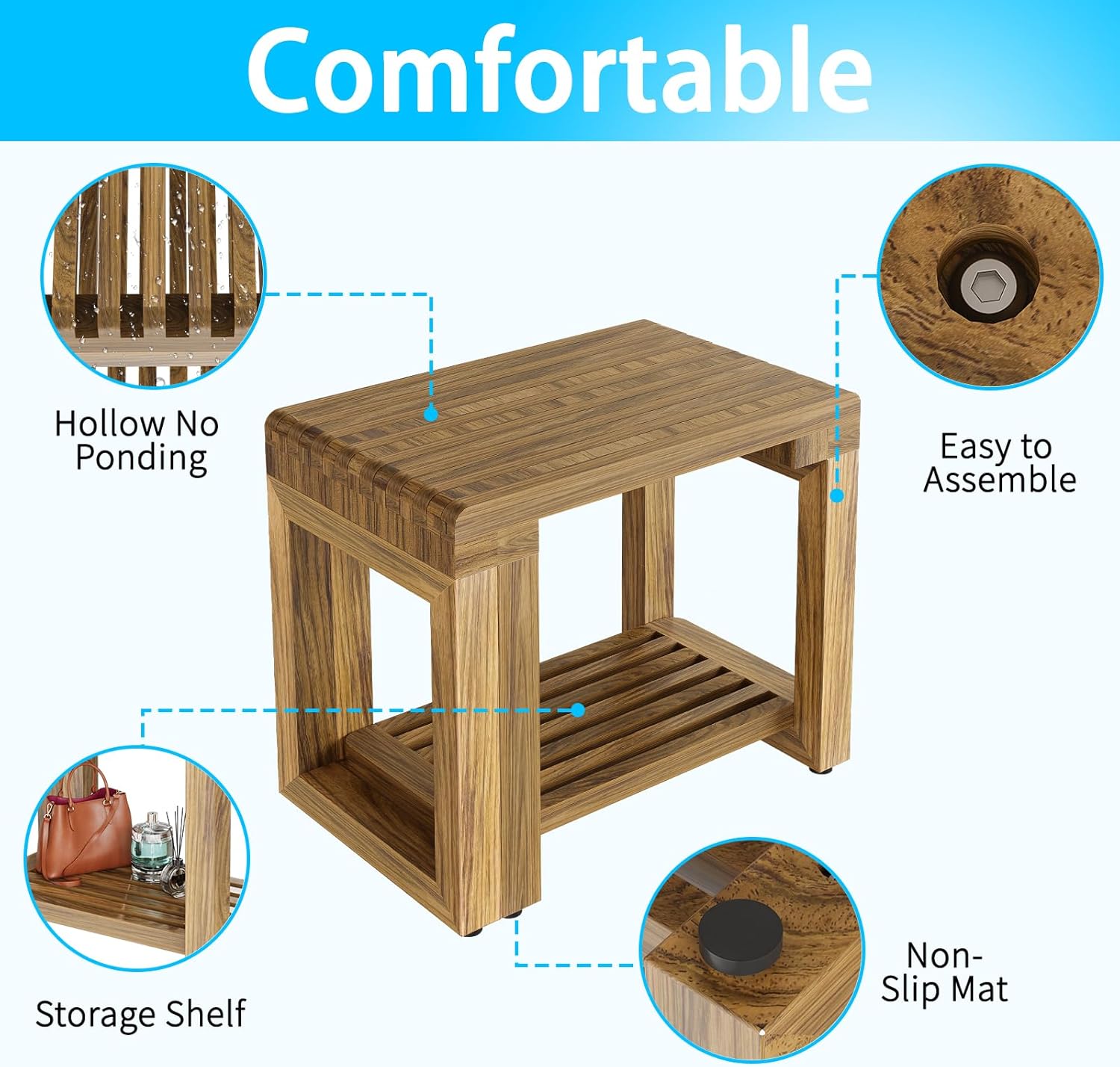 Shower Benches for Inside Shower, Adjustable Length 26.4” Shower Chair Stool with Storage Shelf for Shaving Legs, Spa, Acacia Wood Waterproof Bath Seat for Adults Seniors Elderly - Image 3