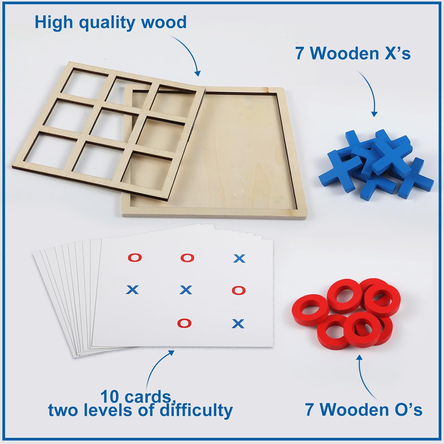 Jumbo Wooden Tic Tac Toe Game Dementia Activities for Alzheimers Seniors with Matching and Puzzle Templates XO Chess Board Game for Elderly Engaging Table Decor(Blue, Red) - Image 3