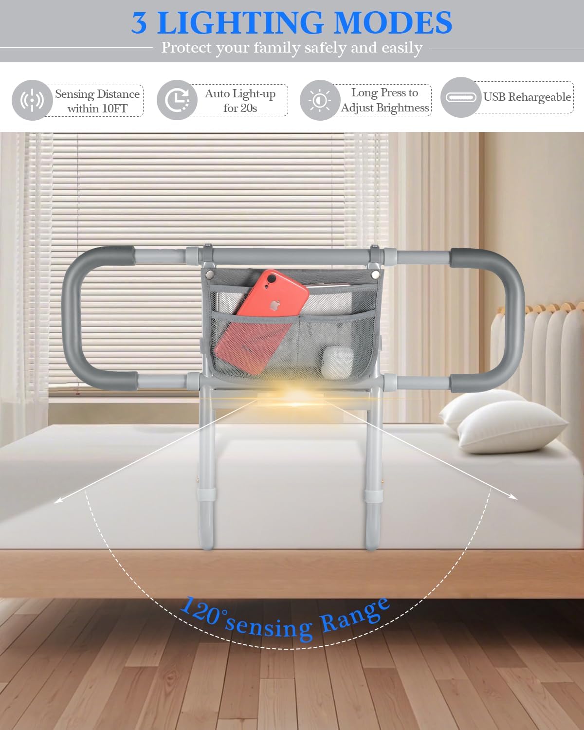 Bed Rails for Elderly Adults Safety, Extended Bed Assist Rail for Seniors with Motion Sensor Light - Adjustable Side Bed Guard Rails Handle Support Bar with Storage Bag, Fit King Queen Full Twin Bed - Image 2