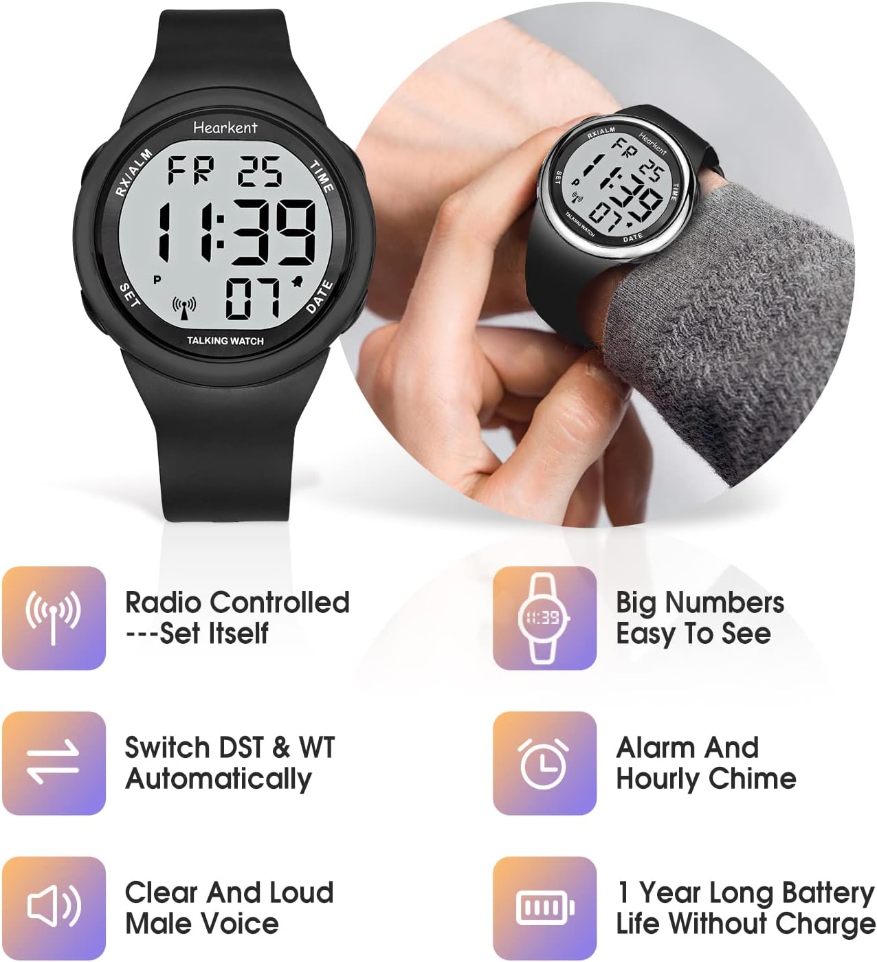 Atomic Talking Watch Sets Itself for Visually impaired or Seniors LCD Big Number Easy-to-Read Talking Watch for Elderly - Image 3