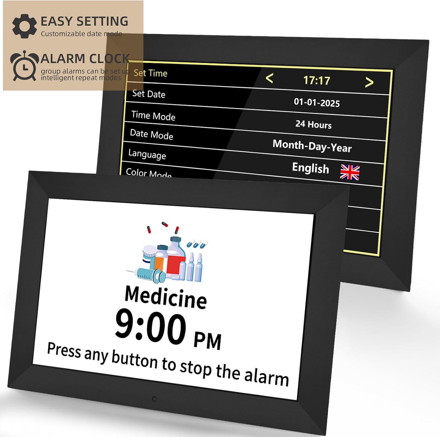 10.1" Extra Large Digital Dementia Clock - Calendar Alarm Clock for Seniors with 20 Reminders, 12 Alarms, Auto-Dimming Display for Vision Impaired & Elderly with Memory Loss Elderly - Image 4
