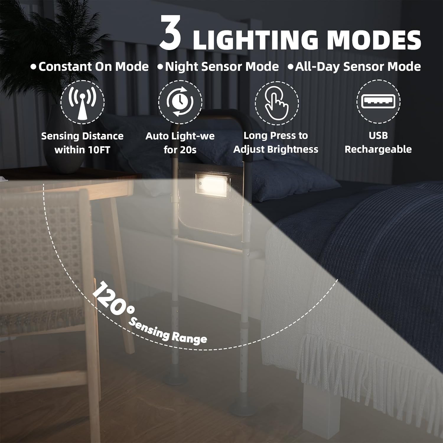 Bed Rails for Elderly Adults Safety: with Motion Sensor Light & Storage Bag -Adjustable Bed Assist Rail for Seniors - Side Bed Rail Handle Support Bar Guard Rails - Fit King Queen Full Twin Bed - Image 4
