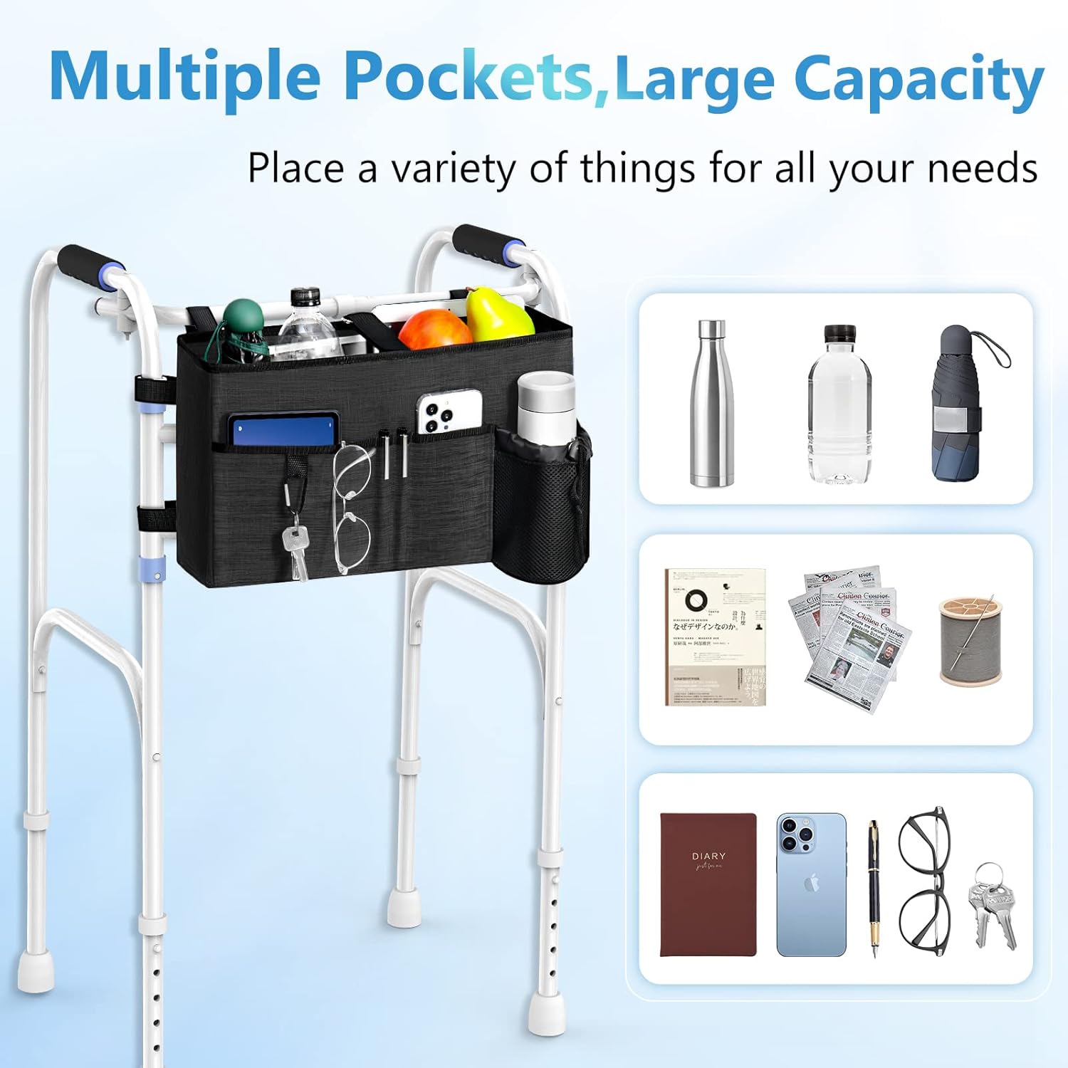 Rhino Valley Walker Bag, Multi Pockets Folding Walker Basket Tote Bag with Cup Holder, Hand-Free Carry Pouch Storage Bag for Universal Walkers, Large Capacity Organizer for Seniors Elderly, Black - Image 2