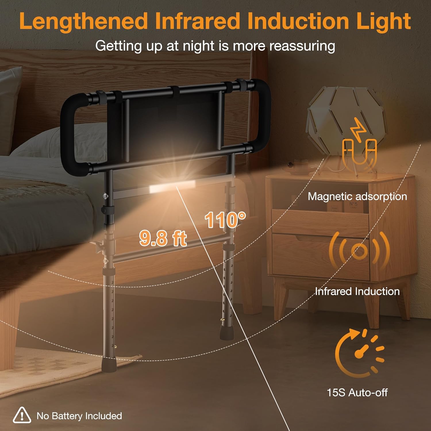 Bed Rails for Elderly Adults Safety, Foldable & Adjustable Side Rails for Bed for Seniors, Elderly Bed Rails with Light & Storage Pouch, Adult Bed Assist Rail for Queen Twin King Bed - Image 5