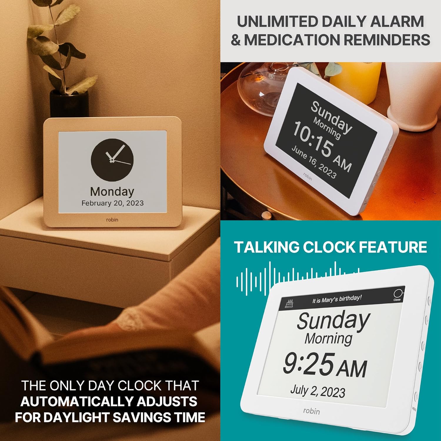 Robin Clock 2024 with Day and Date for Elderly, Clocks for Seniors, Dementia Clock, Digital Calendar Clock Elderly, Bedside Clocks Seniors, Alzheimers Products, Dementia Clocks Extra Large, Brown Wood - Image 2