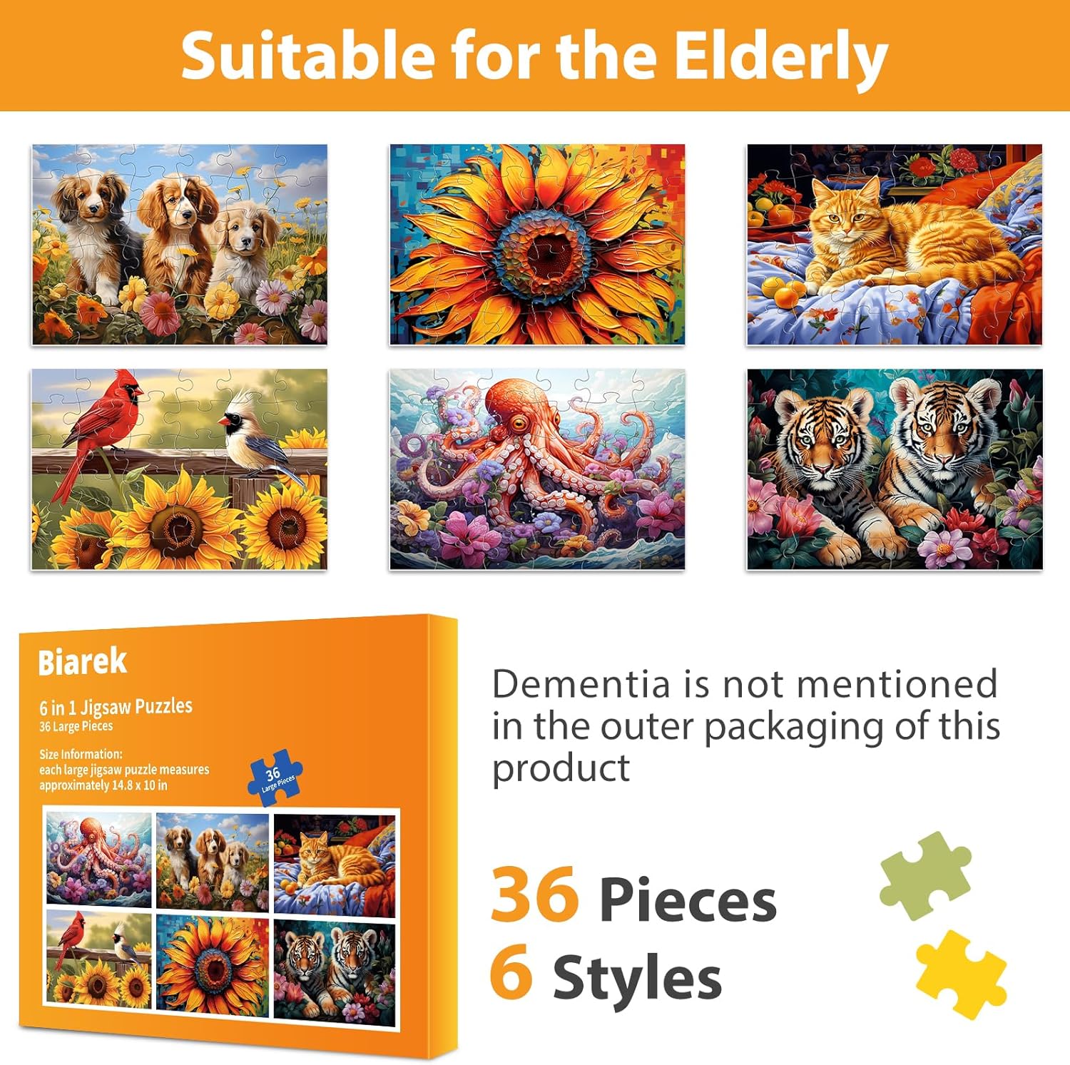 6 Packs Large Piece Puzzle for Seniors- 36 Pieces Dementia Puzzles for Elderly Adults, Alzheimer’s Puzzles Memory Cognitive Games Easy Jigsaw Puzzles for Elderly Seniors with 6 Storage Bags - Image 4