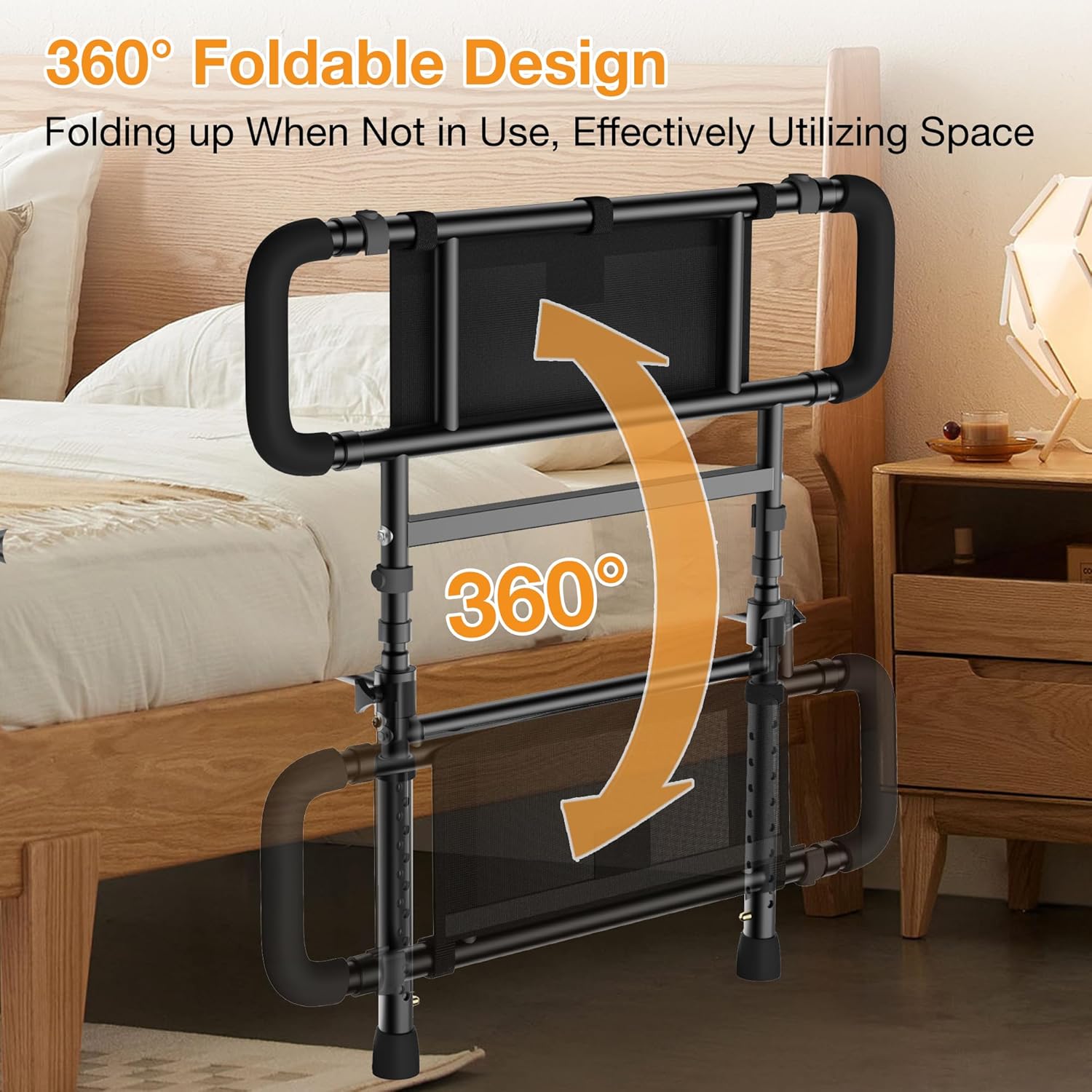 Bed Rails for Elderly Adults Safety, Foldable & Adjustable Side Rails for Bed for Seniors, Elderly Bed Rails with Light & Storage Pouch, Adult Bed Assist Rail for Queen Twin King Bed - Image 2