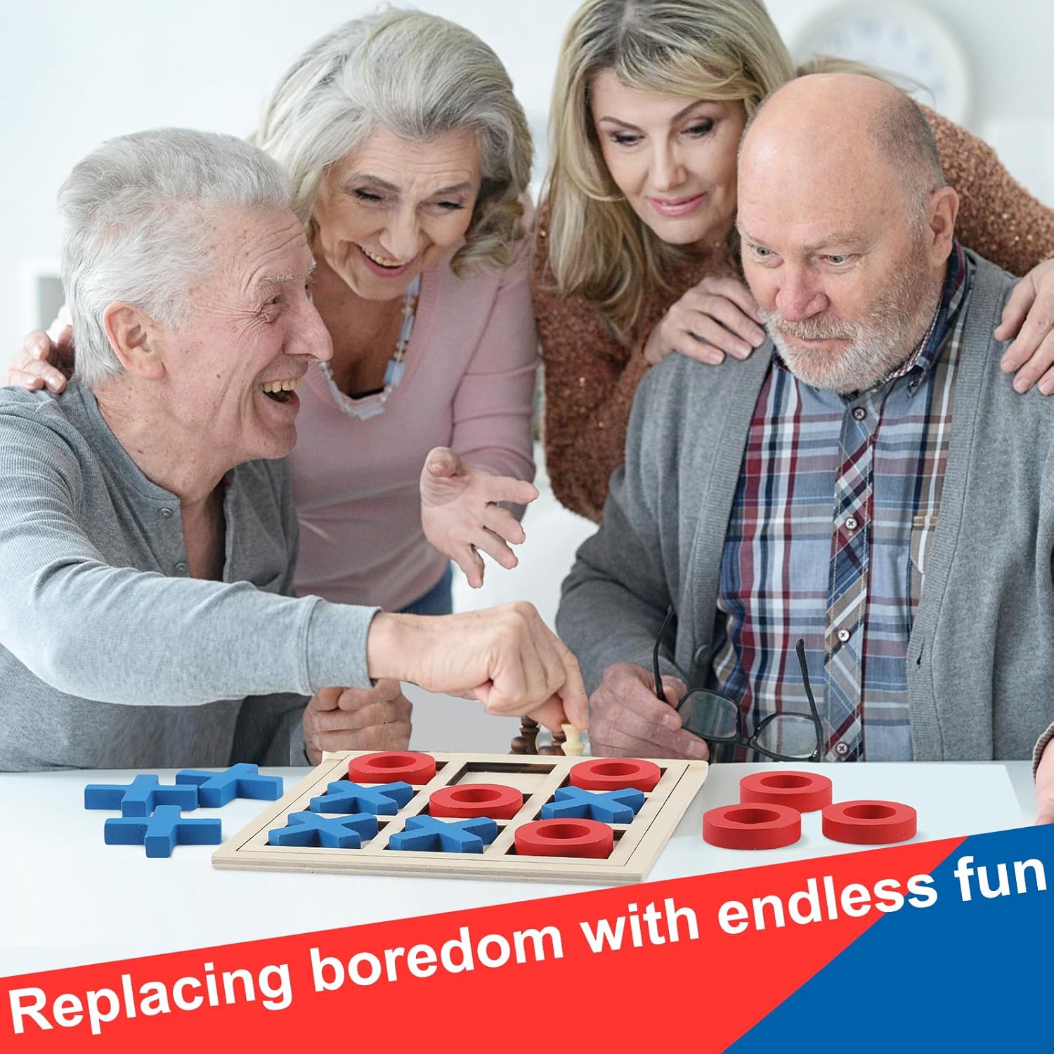 Jumbo Wooden Tic Tac Toe Game Dementia Activities for Alzheimers Seniors with Matching and Puzzle Templates XO Chess Board Game for Elderly Engaging Table Decor(Blue, Red) - Image 5