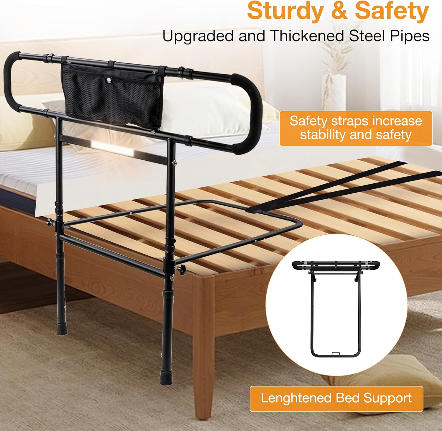 Bed Rails for Elderly Adults Safety, Foldable & Adjustable Side Rails for Bed for Seniors, Elderly Bed Rails with Light & Storage Pouch, Adult Bed Assist Rail for Queen Twin King Bed - Image 6
