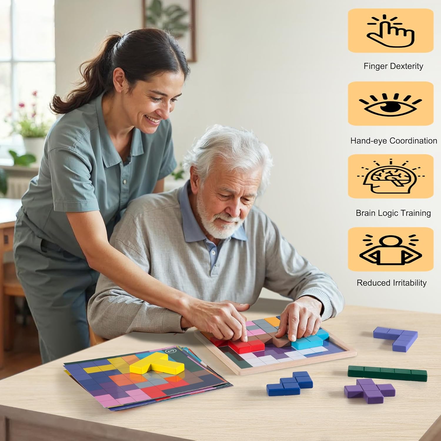 Dementia Products for Elderly, Wooden Tiles Matching Game with 40 Templates, Dementia Activities for Seniors, Easy Memory Games for Alzheimer's, Large Puzzle Pattern Blocks - Image 6