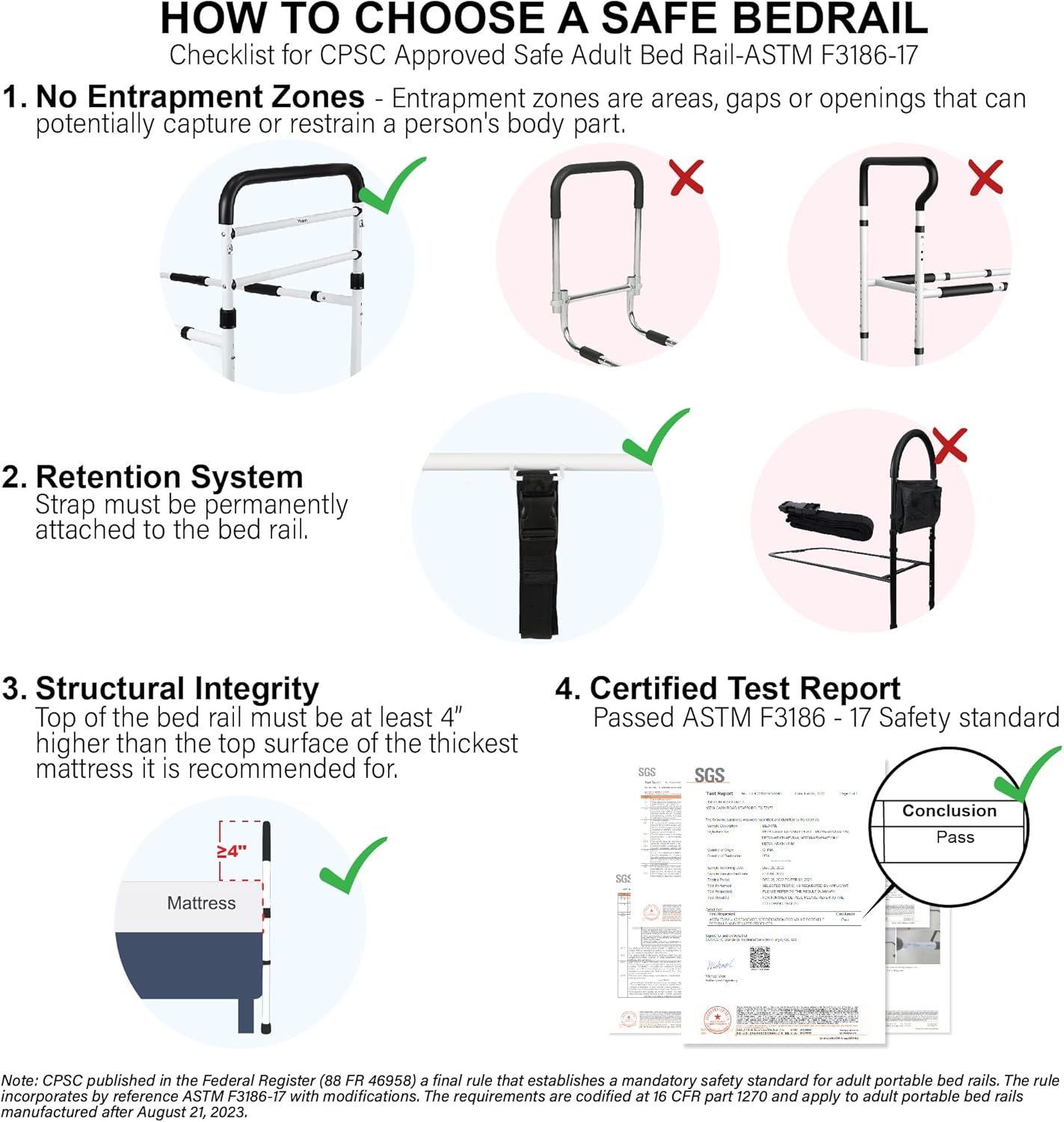 FSA/HSA Eligible, Vaunn Medical New Adjustable Bed Assist Rail Handle (Passed ASTM F3186–17 Safety Standard) and Hand Guard Grab Bar, Bedside Safety and Stability (Tool-Free Assembly), White/Black - Image 3
