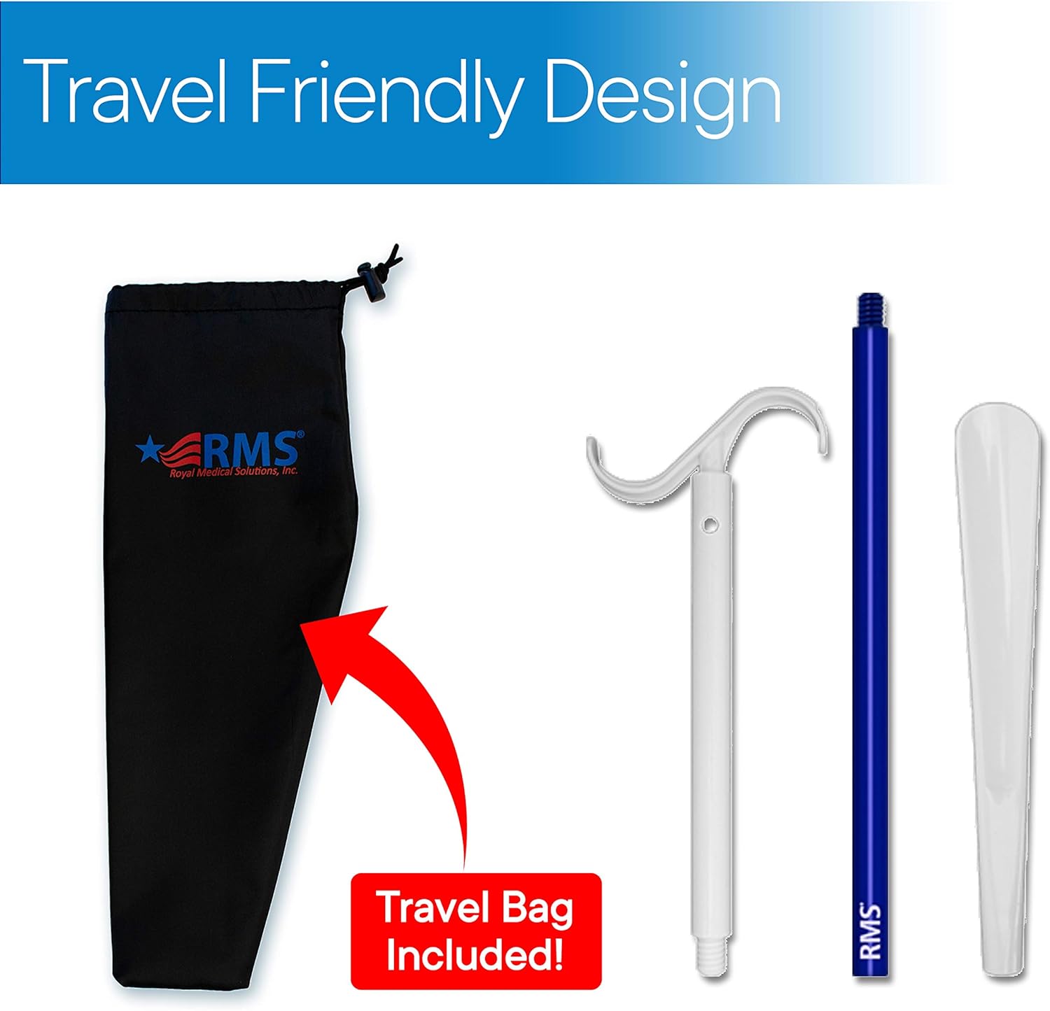 RMS 35.5 Inch Extra Long Dressing Stick Aid for Shoes, Socks, Shirts and Pants - Sock Removal and Long Shoe Horn with Travel Bag - Image 7