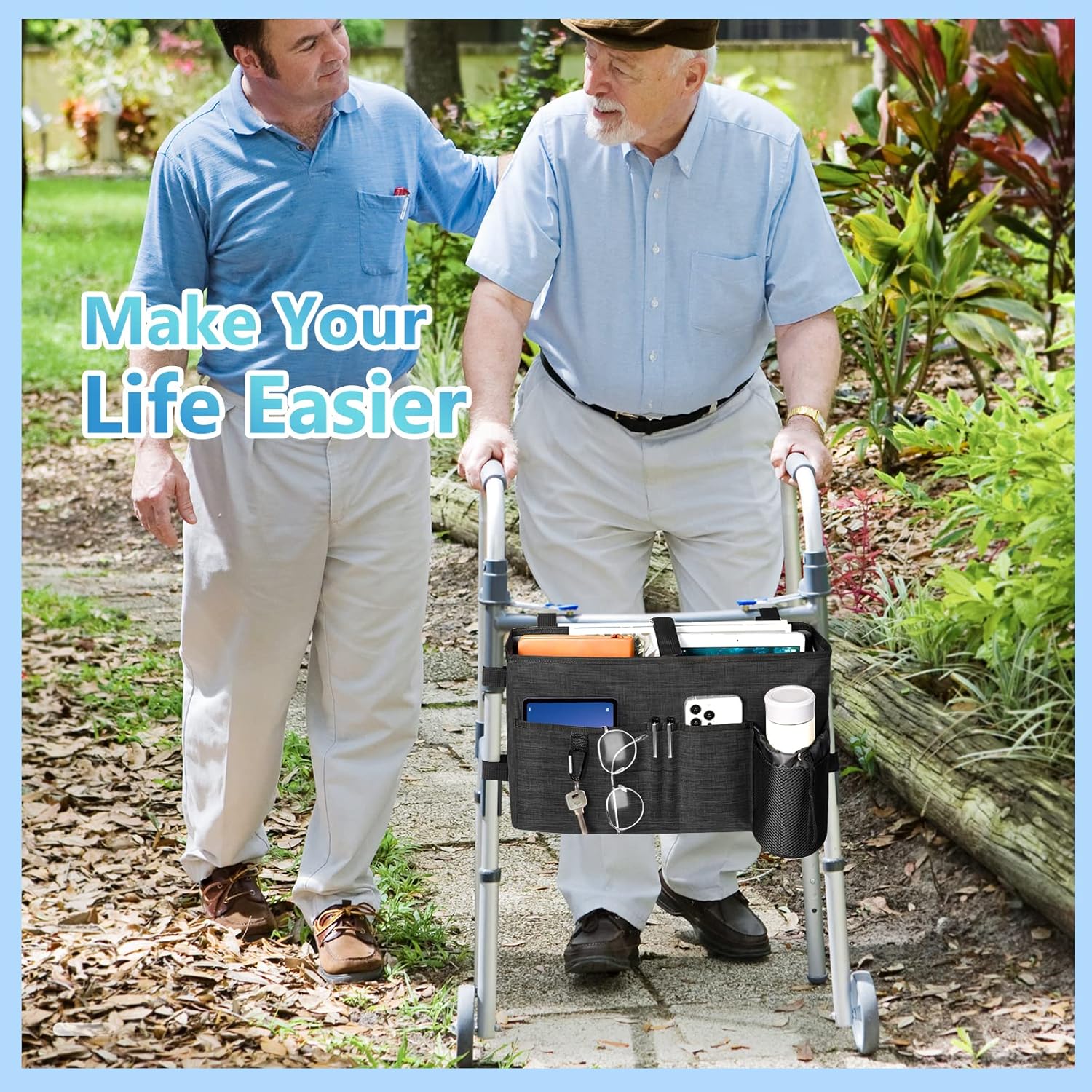 Rhino Valley Walker Bag, Multi Pockets Folding Walker Basket Tote Bag with Cup Holder, Hand-Free Carry Pouch Storage Bag for Universal Walkers, Large Capacity Organizer for Seniors Elderly, Black - Image 7