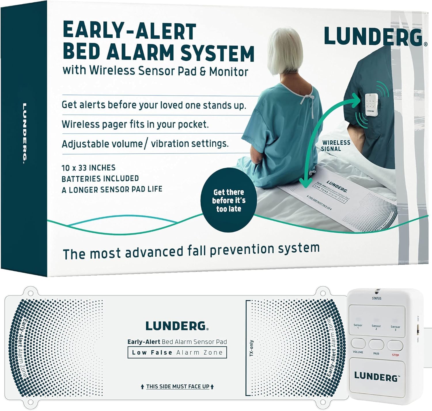 Lunderg Early Alert Bed Alarm for Elderly Adults - Wireless Sensor Pad & Pager - with Pre-Alert Smart Technology - Safety Bed Alarms and Fall Prevention for Elderly and Dementia Patients