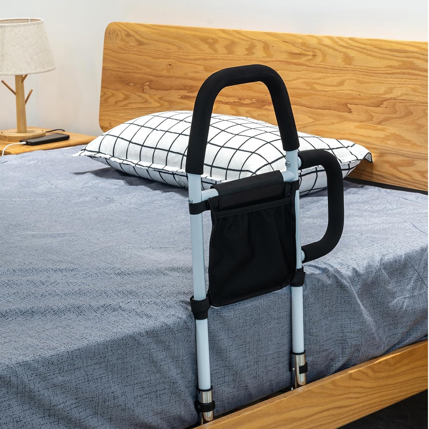 Bed Rails for Elderly Adults - Bed Assist Rail with Dual Grab Handles for Easily Getting in & Out of Bed, Bed Rail with Storage Pocket, fits King, Queen, Full, Twin, 300lbs