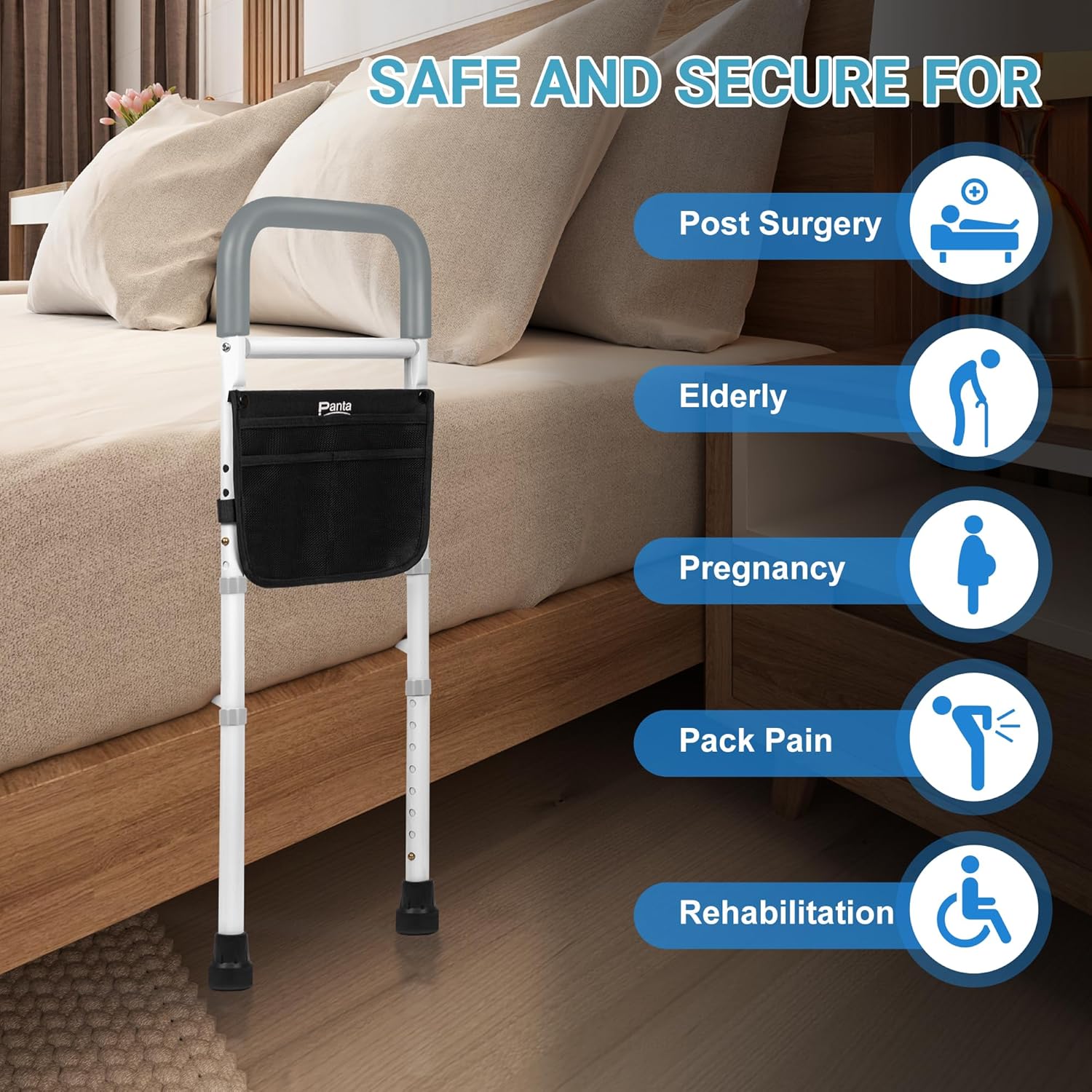 Panta Bed Rails for Elderly Adults Safety, Adjustable Bed Assist Rails for Seniors, Bed Side Rails with Support Legs and Storage Pocket, Portable Bed Cane Fit King, Queen, Full, Twin Bed, Grey - Image 7