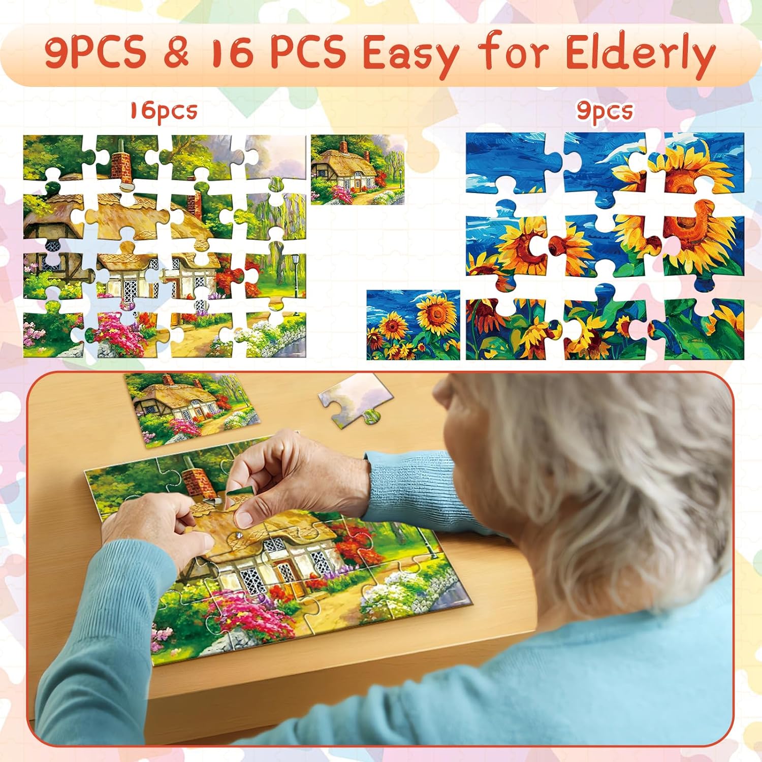 6 Packs Large Jigsaw Puzzles for Seniors Elderly 9&16 Piece, Dementia Activities for Senior & Alzheimers Activities Product Cognitive Memory Game 12.5X9.4inch - Image 4