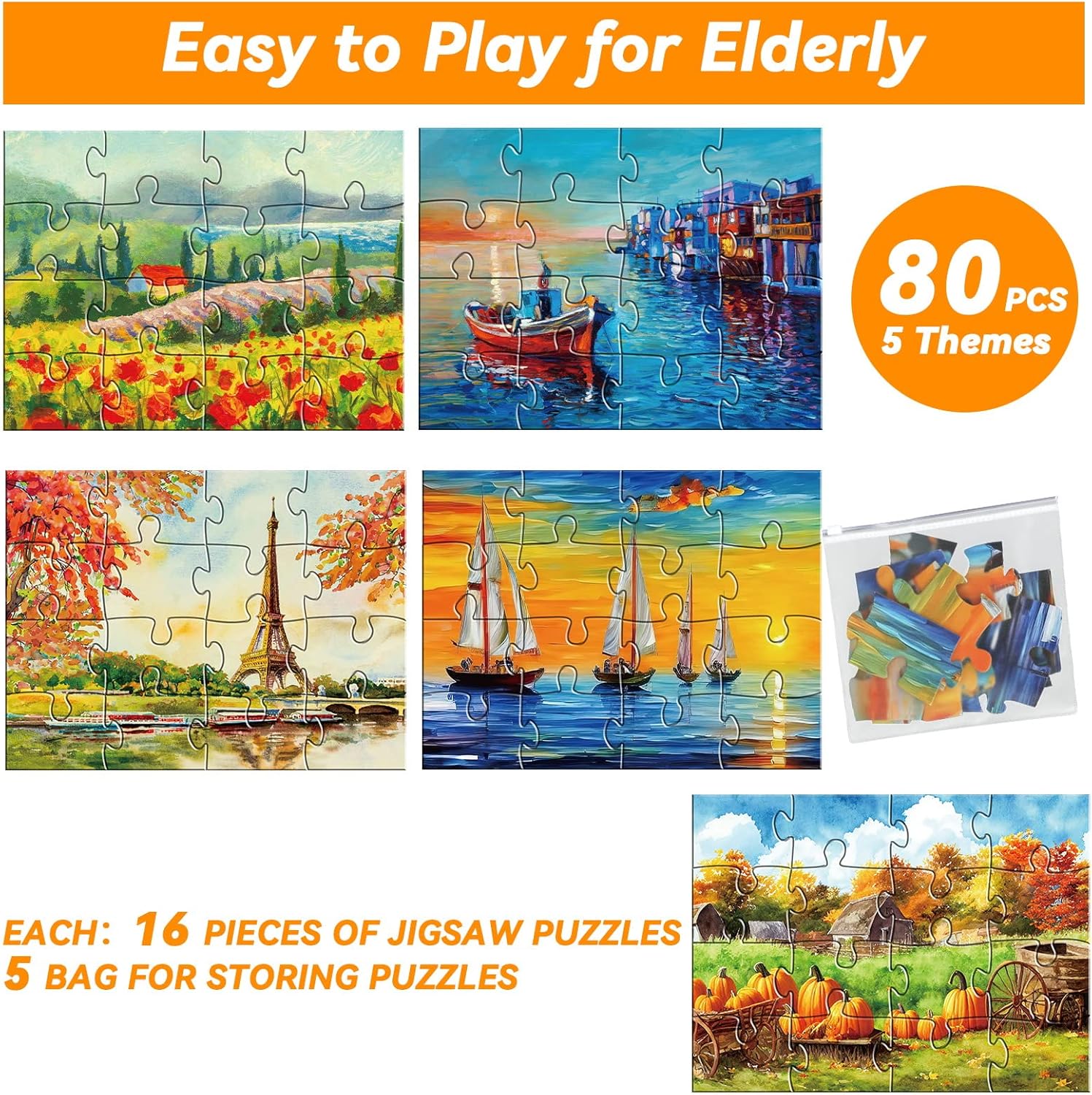 5 Packs 16 Piece Large Jigsaw Puzzles for Elderly Dementia Alzheimer's Products Activities, Alzheimer's Puzzles Cognitive Games for Adults Elderly Seniors with 5 Storage Bags - Image 2