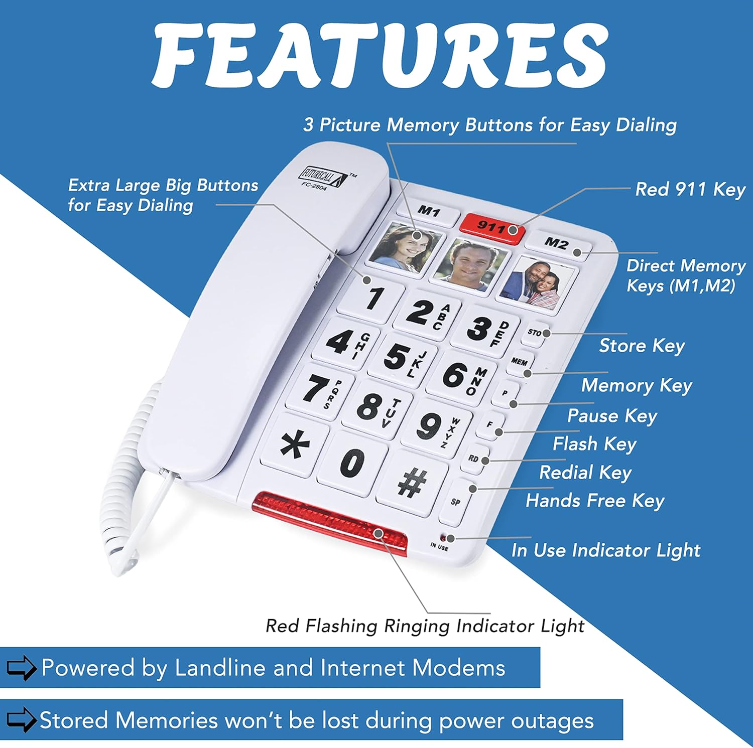Future Call FC-2804 Big Button Phone for Seniors | 3 Picture Keys and Speakerphone | Amplified Telephones for Hearing Impaired Seniors 40db w/Extra Long 12' Cord | Simple Landline Phones for Seniors - Image 2