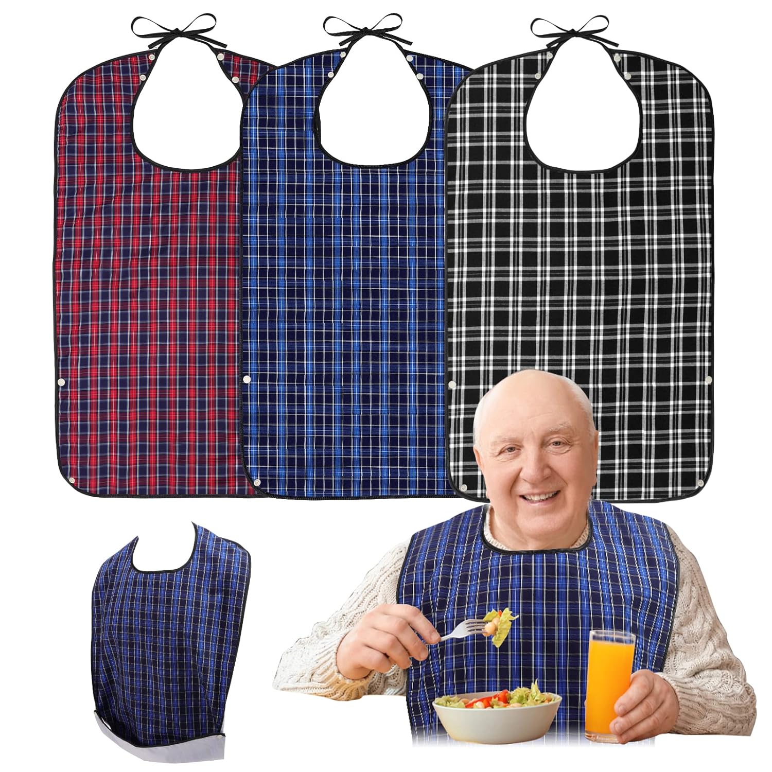 Adult Bibs, 3 Pcs Washable Clothing Protector with Crumb Catcher for Eating, Reusable Waterproof Large Feeding Adult Bibs for Men Women Elderly Senior, Black/Red/Blue