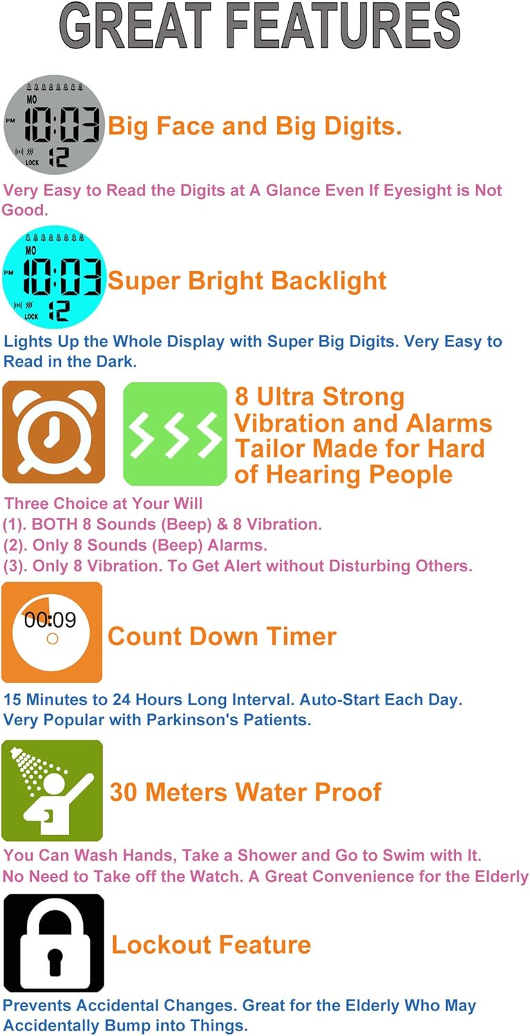 TICCI Men 8 Vibrating Alarms Watch Medication Aids Pill Vibra Alert Reminders for Elderly Seniors Big Digits Waterproof - Image 3