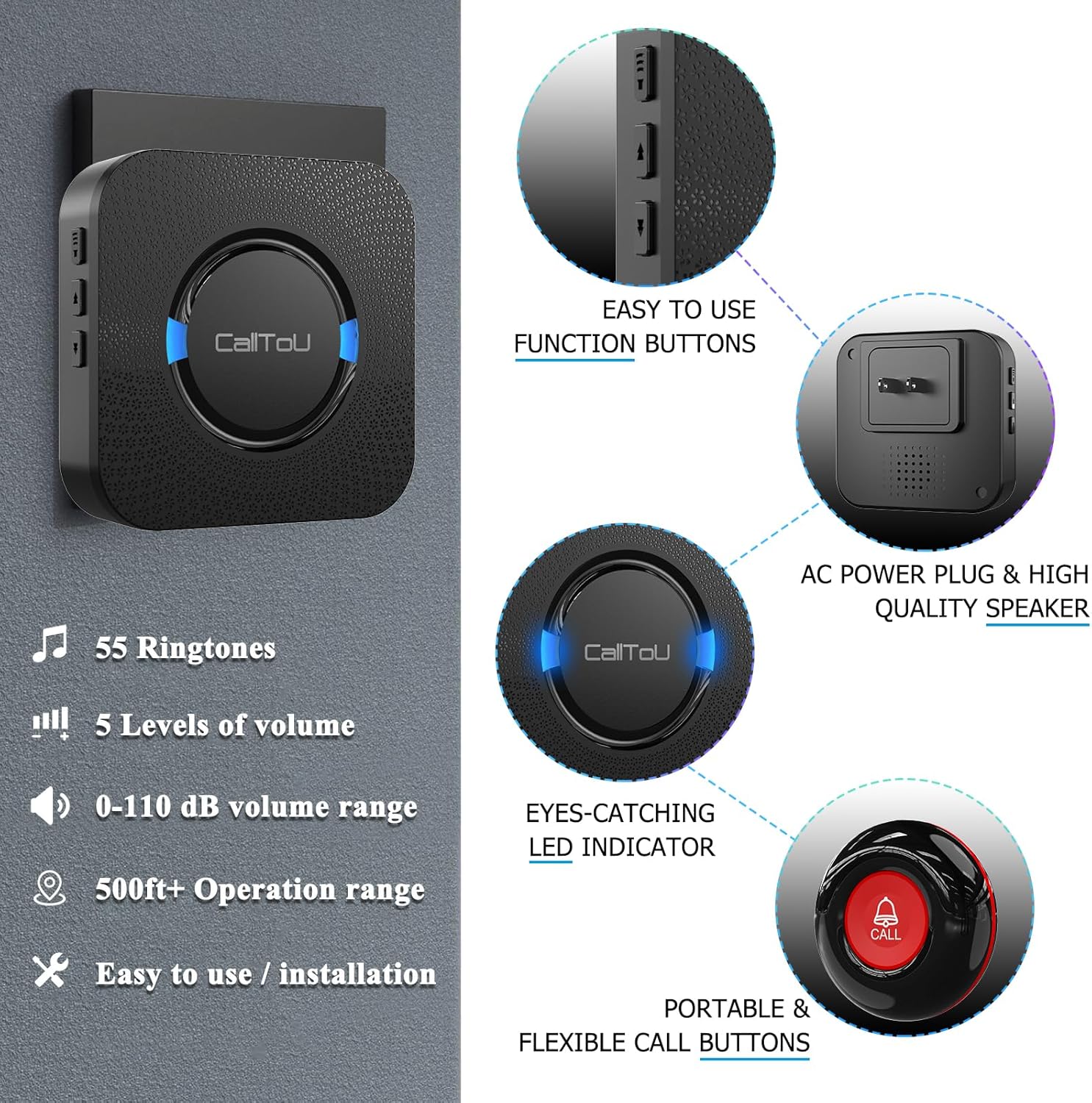 CallToU Wireless Caregiver Call Button Elderly Monitoring Alert Systems for Seniors 1 Plugin Receiver 2 Waterproof Transmitters - Image 8